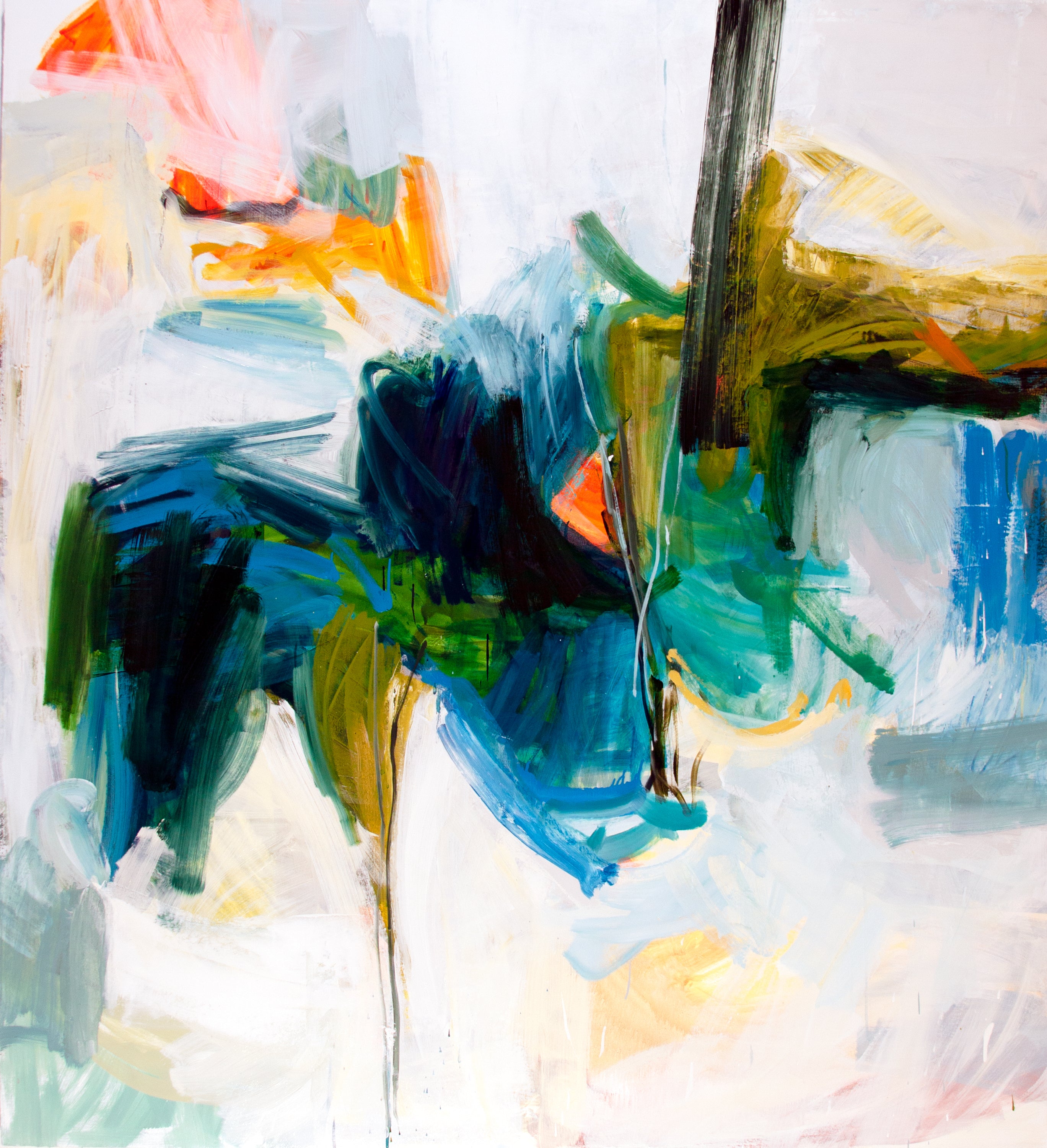 Abstract expressionist painting with expressive brushstrokes in blue, green, yellow, orange, pink, and black on a white canvas.