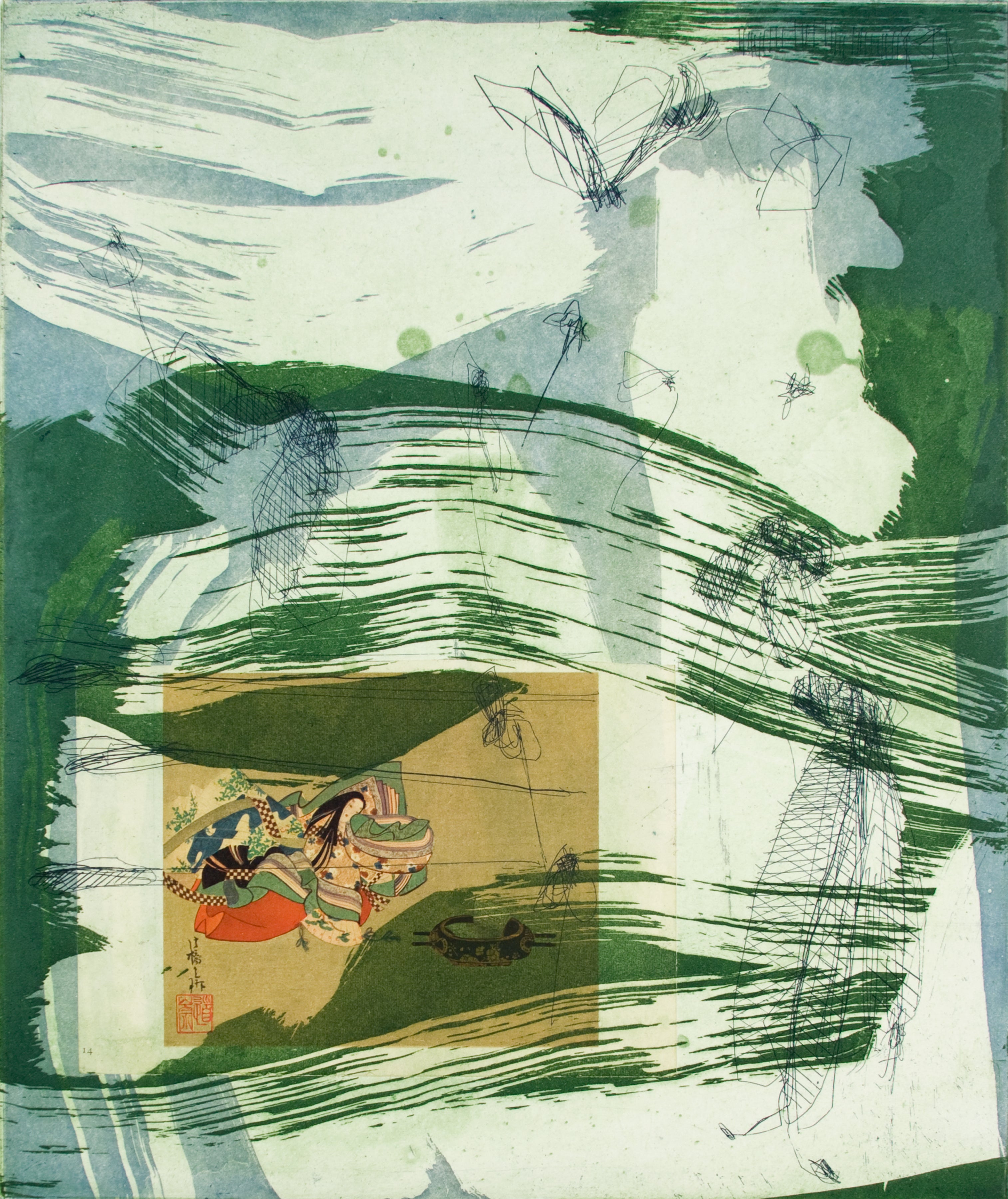 An abstract mixed-media artwork featuring layered green and white brushstrokes, fine sketch lines, and a small central inset depicting a seated figure in traditional dress.