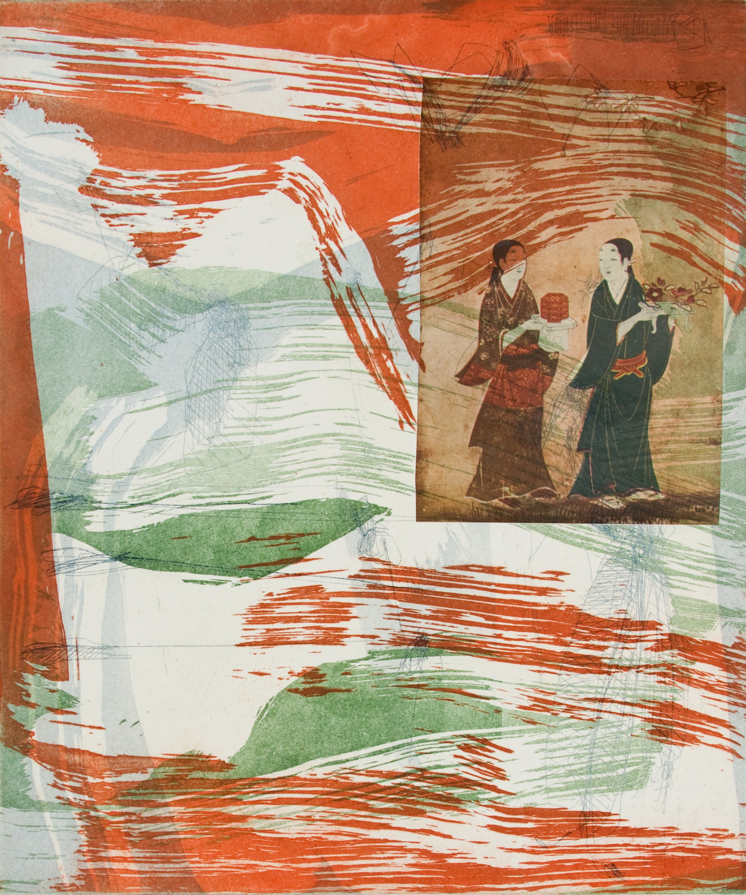 An abstract art print featuring textured brushstrokes in orange, white, and green, with a small inset illustration in the upper right showing two figures in traditional garments.