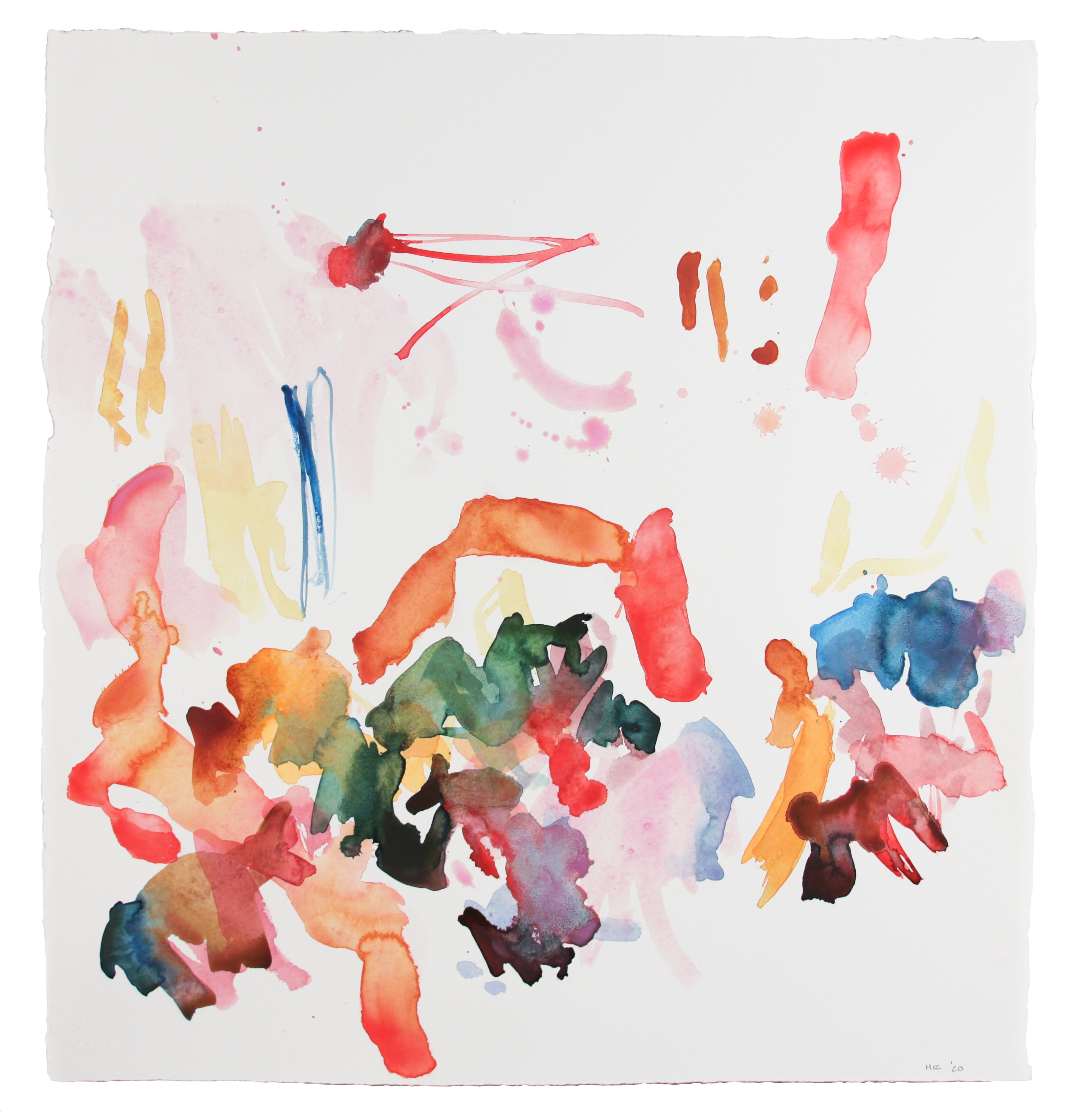 Abstract watercolor painting on textured white paper, featuring expressive splashes and drips of red, pink, orange, green, blue, yellow, and purple ink.