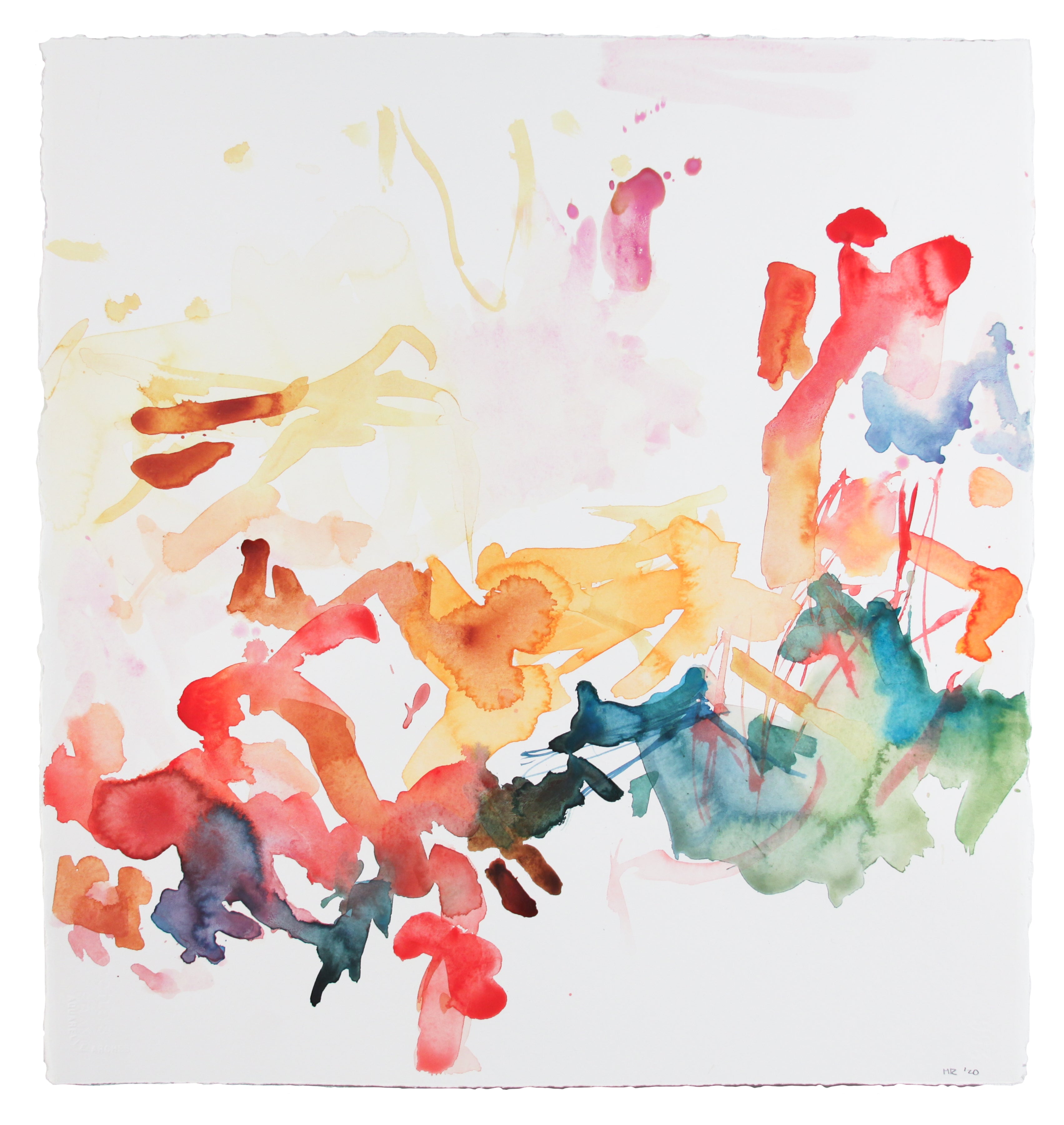 Abstract watercolor painting on textured white paper, featuring expressive splashes and strokes of red, orange, yellow, blue, green, and purple.
