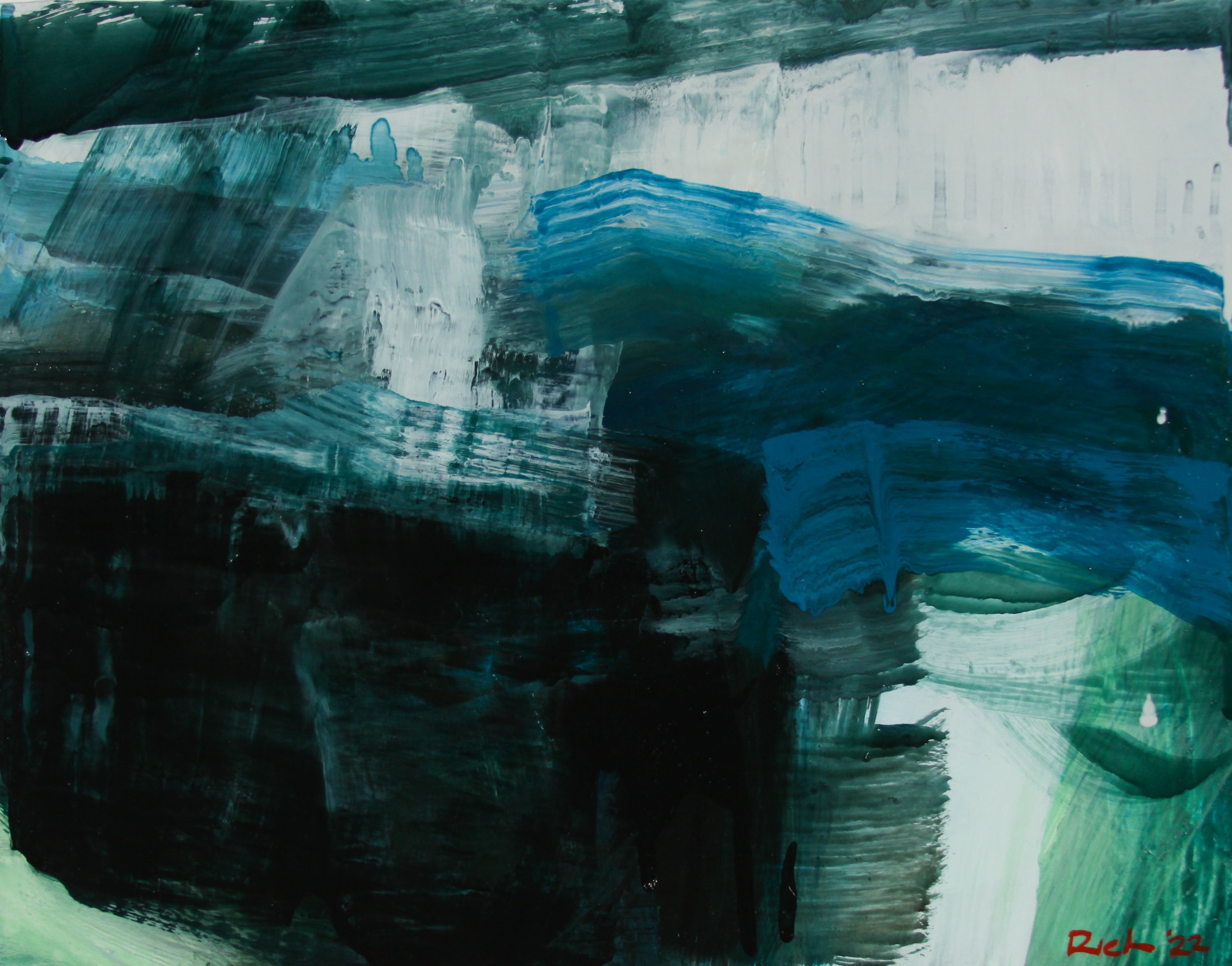 An abstract painting with expressive brushstrokes in deep black, teal blue, white, and soft green, with a small red artist signature in the bottom right corner.