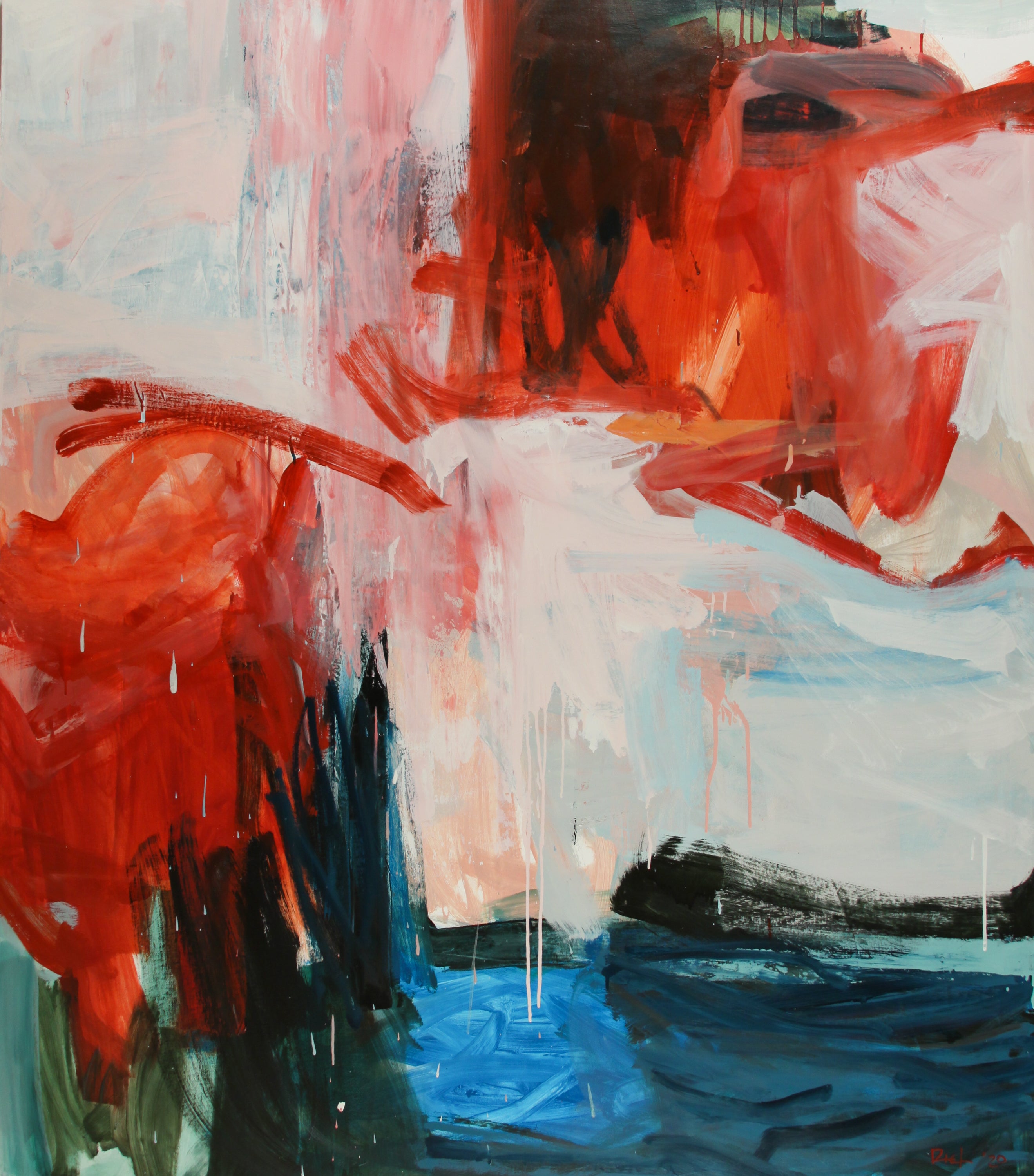 Abstract expressionist painting featuring bold brushstrokes of red, orange, white, blue, and black, with textured drips and layered gestural marks across the canvas.