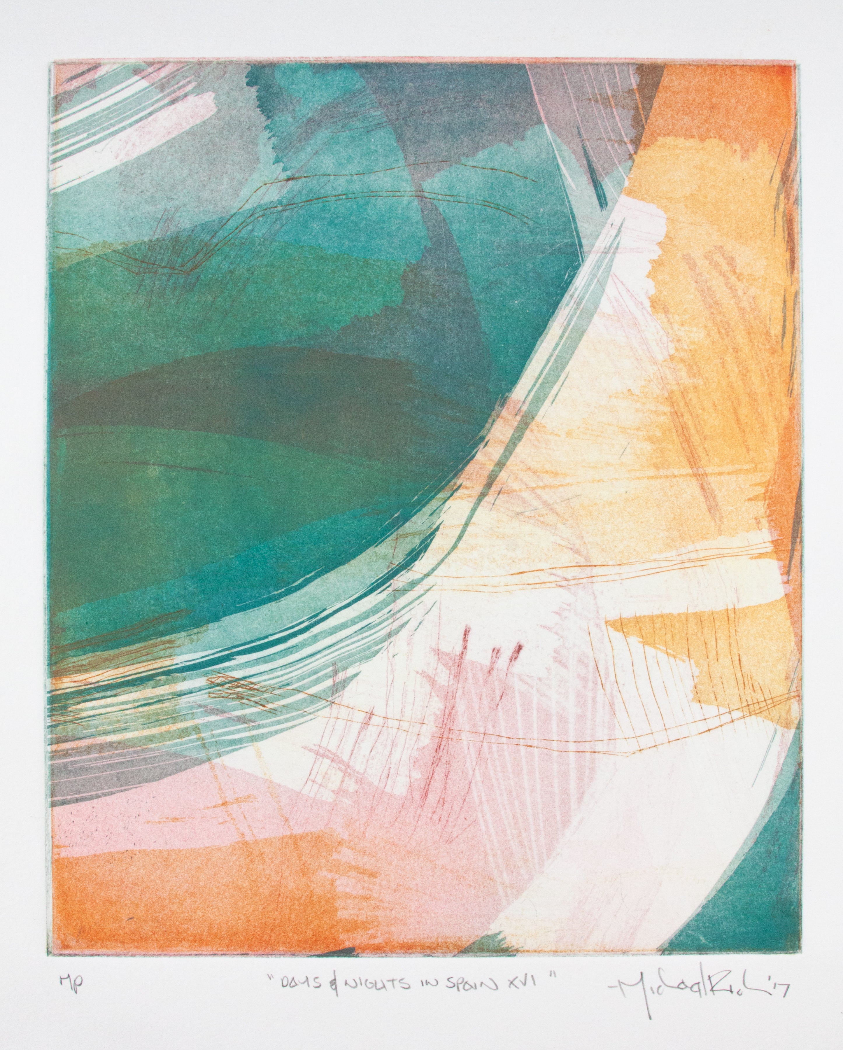 An abstract art print featuring sweeping, layered brushstrokes in teal, green, orange, pink, and white, with a narrow white border and small printed text and signature below.