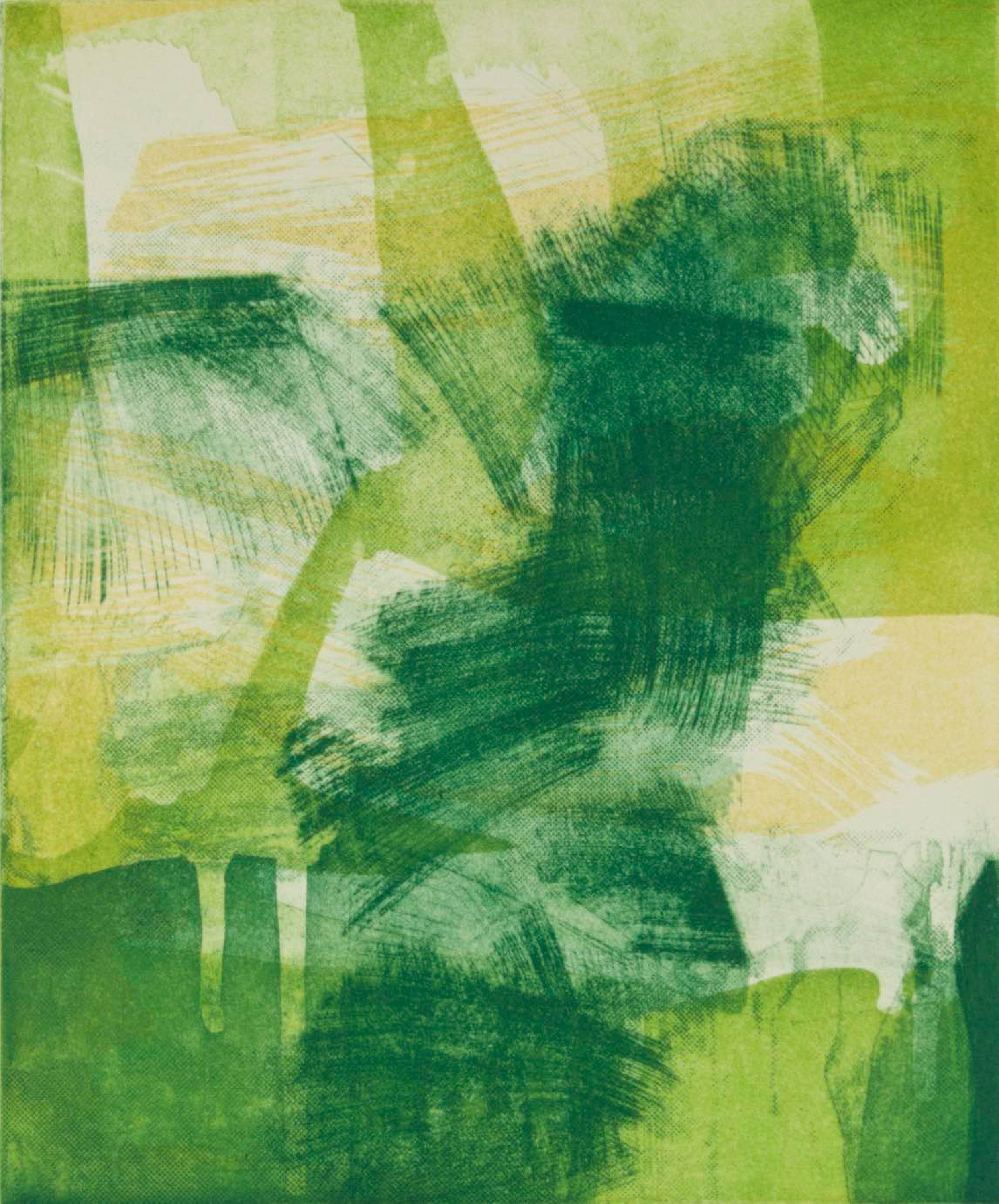 Abstract painting with layered brushstrokes in various shades of green, yellow-green, and cream.