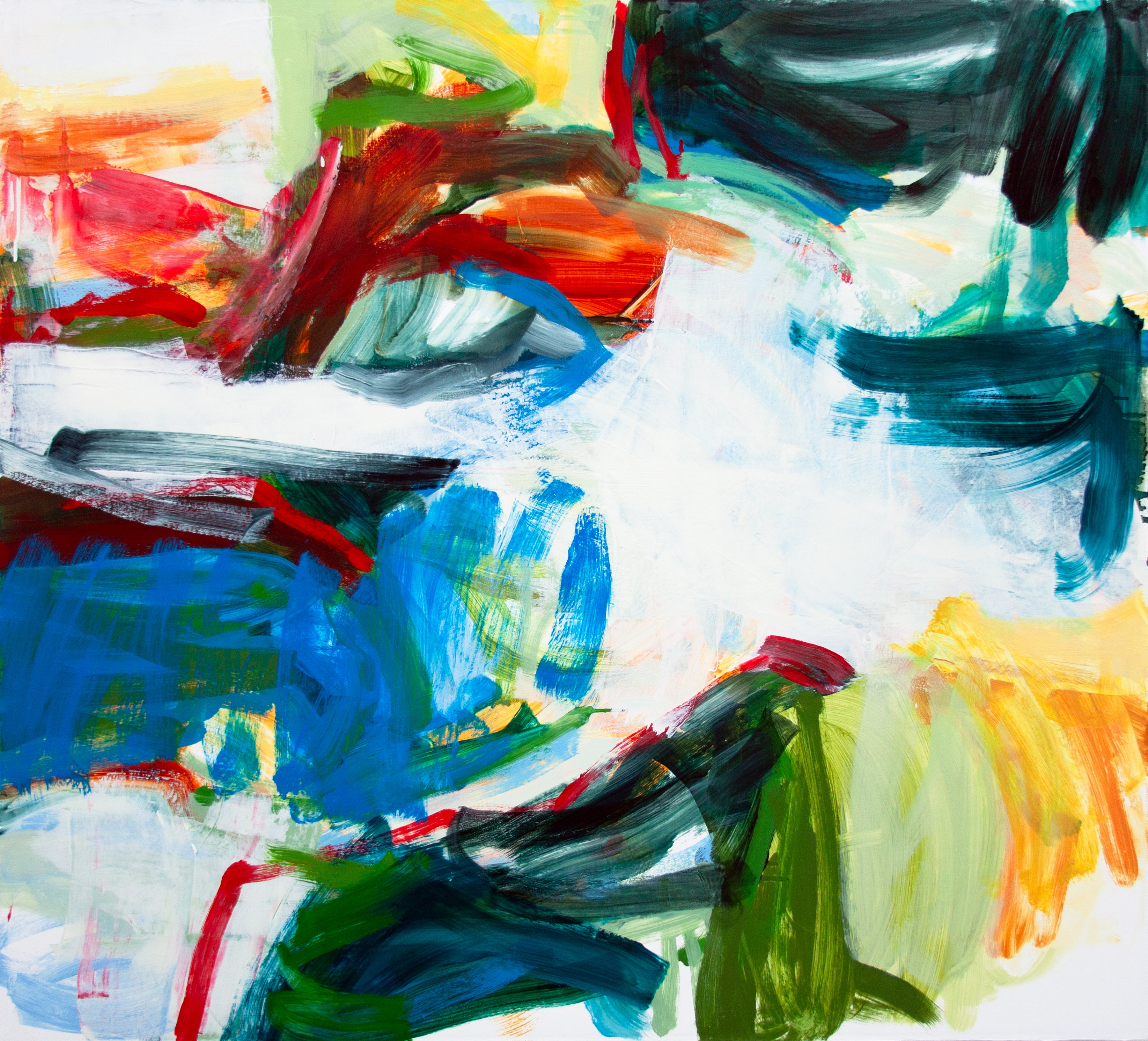 Abstract expressionist painting with expressive, textured brushstrokes in blue, green, red, yellow, black, and white.