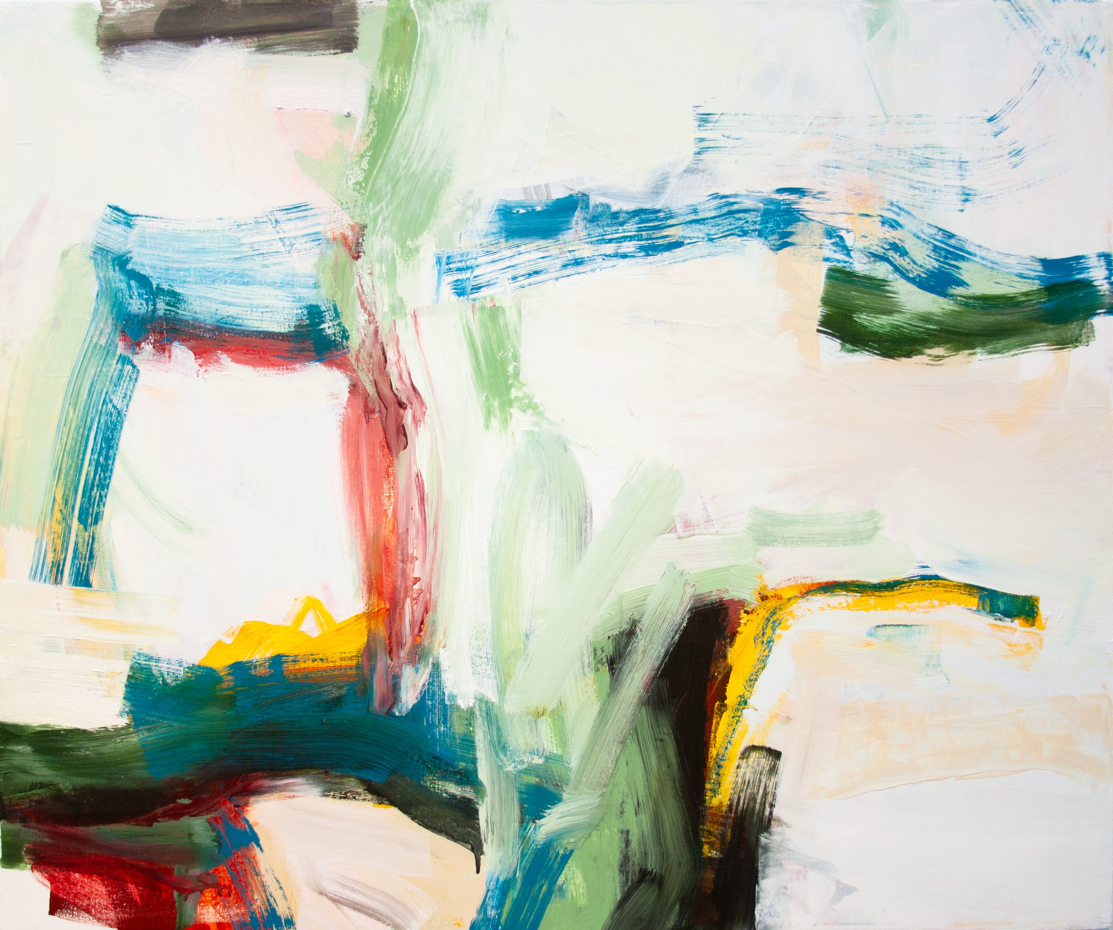 Abstract expressionist painting with expressive brushstrokes in shades of green, blue, red, yellow, and black on a white background.