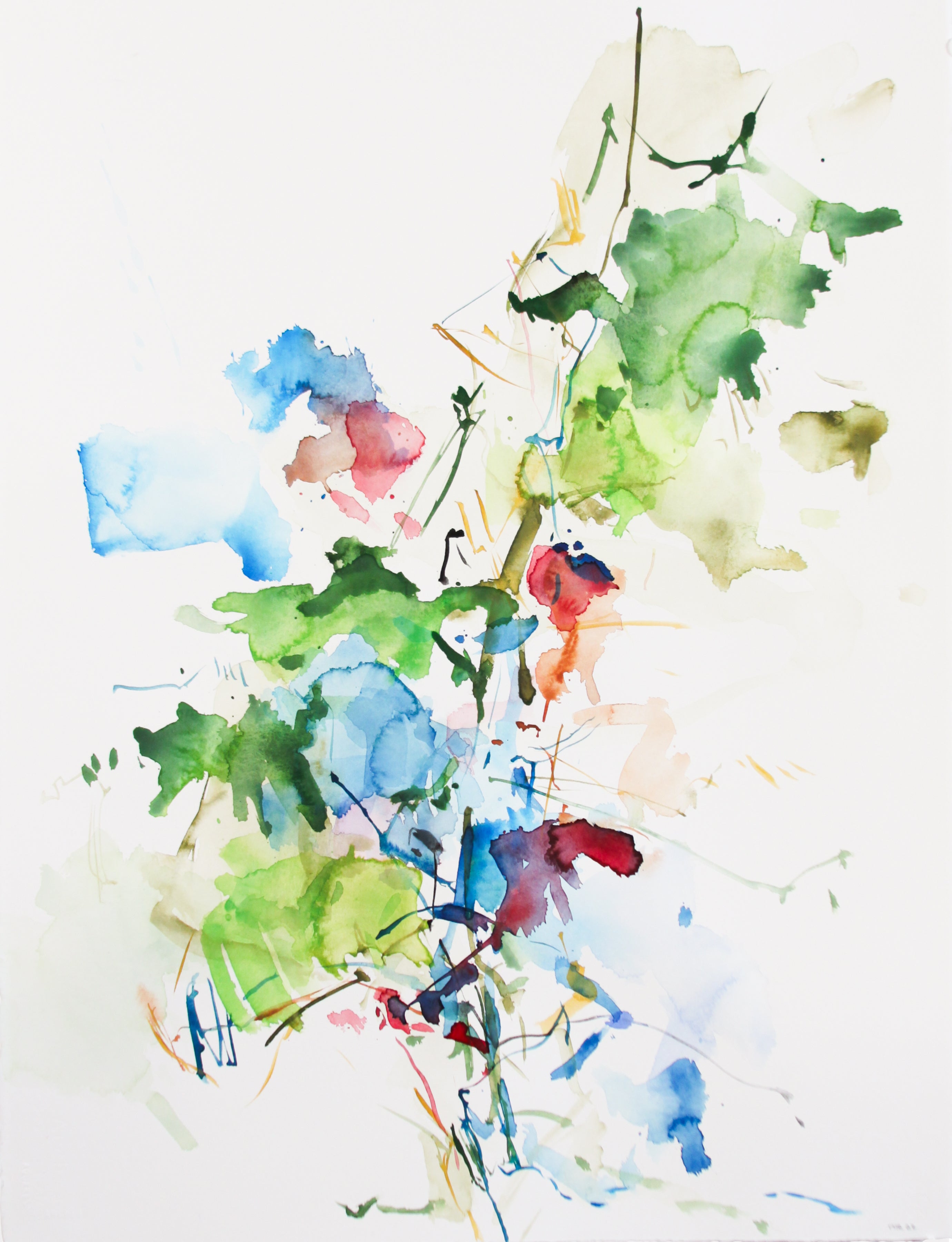 Abstract watercolor painting with splashes of green, blue, and red on a white background