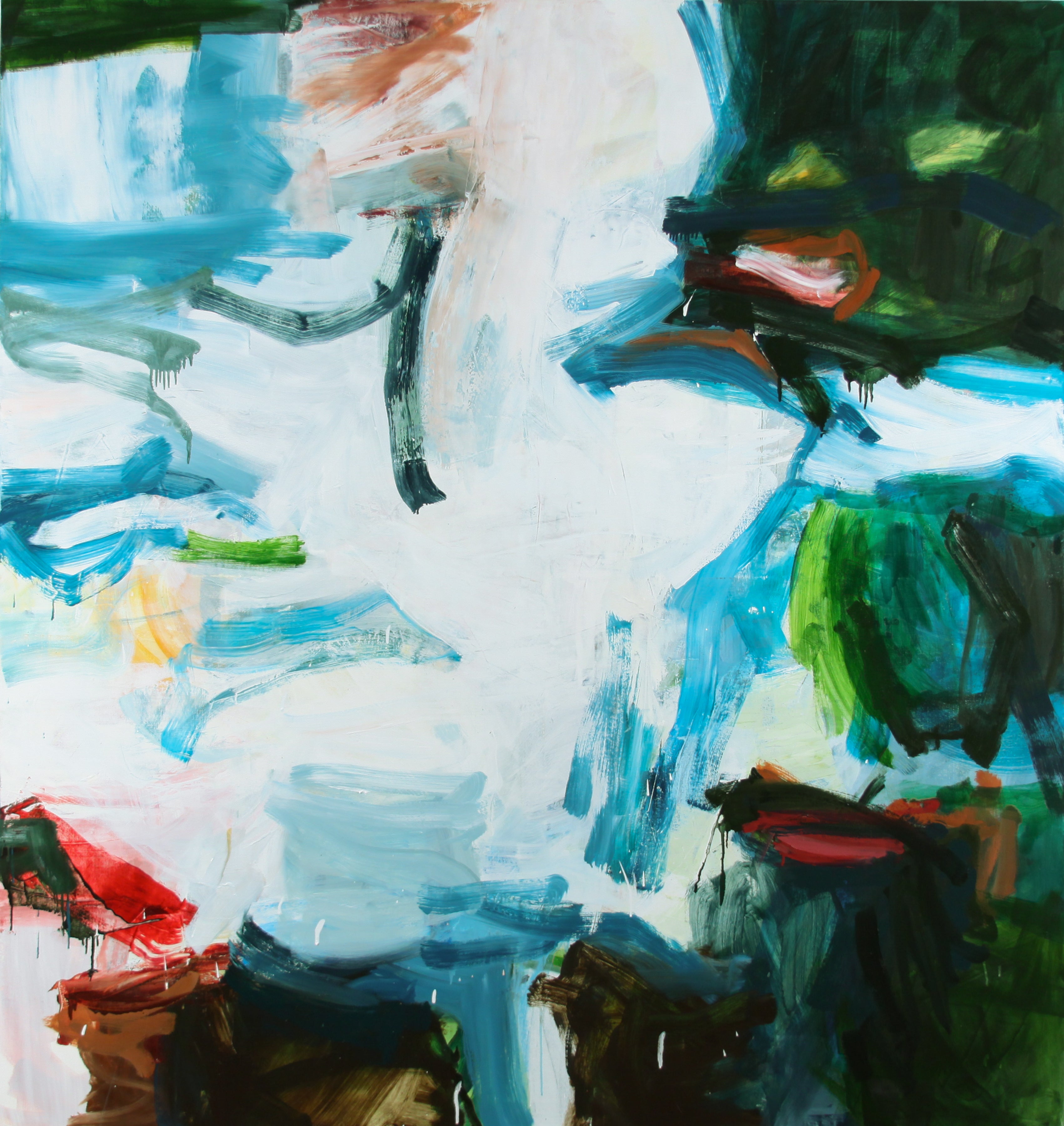 An abstract painting by Michael Rich featuring expressive brushstrokes in white, blue, green, black, and touches of red and brown.