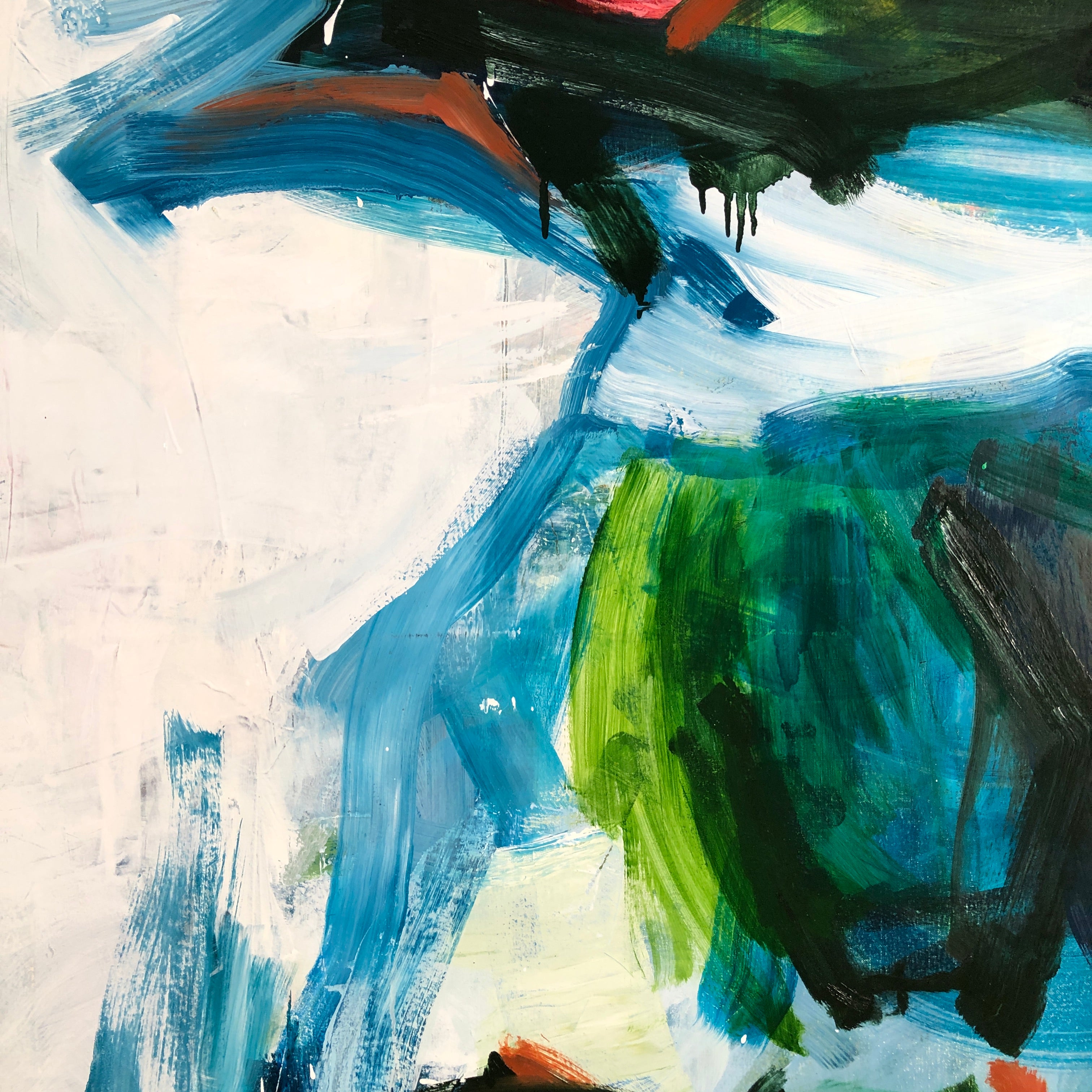 Abstract painting with expressive brushstrokes in blue, green, white, black, and touches of orange and red.