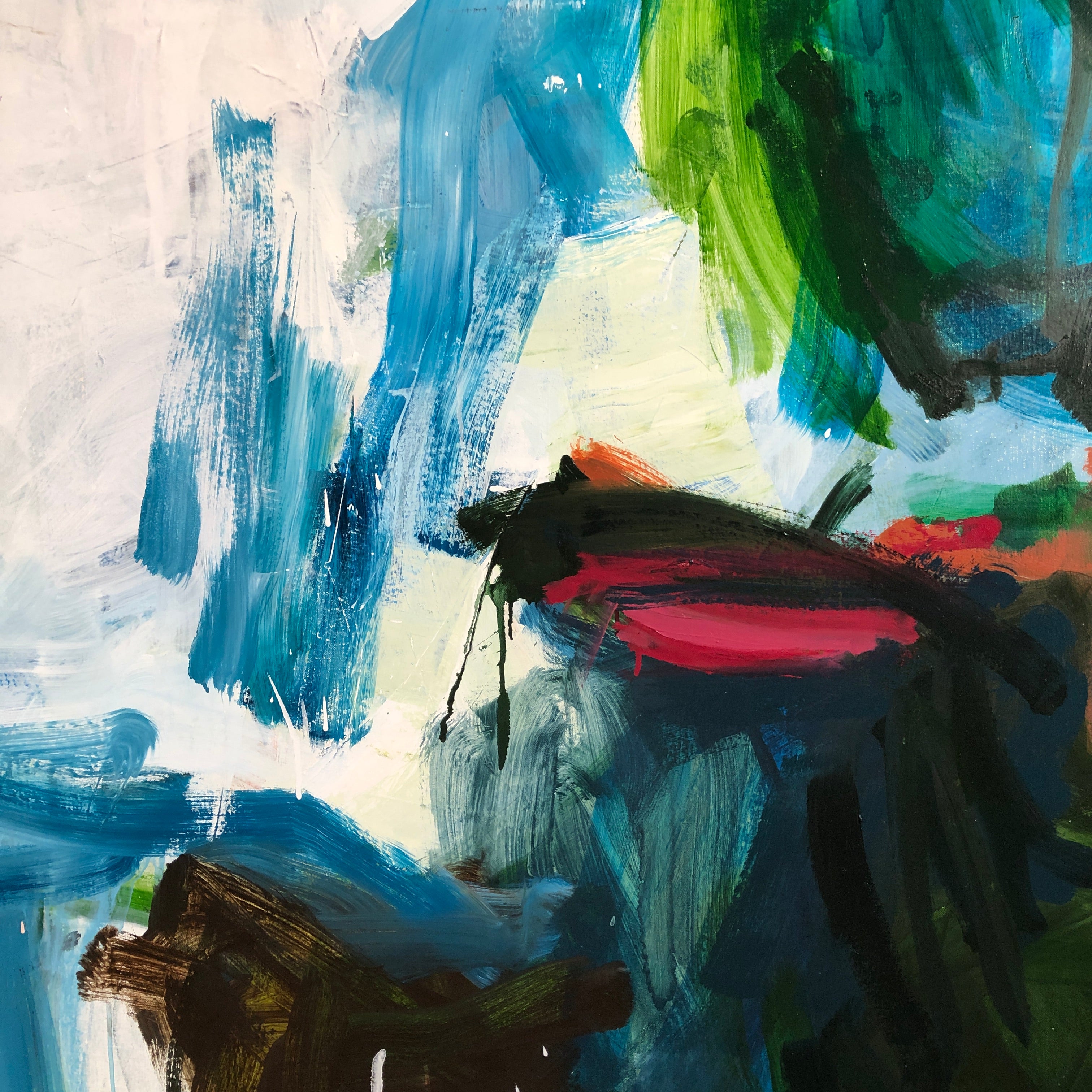 Abstract expressionist painting with expressive brushstrokes in blue, green, white, black, and red.