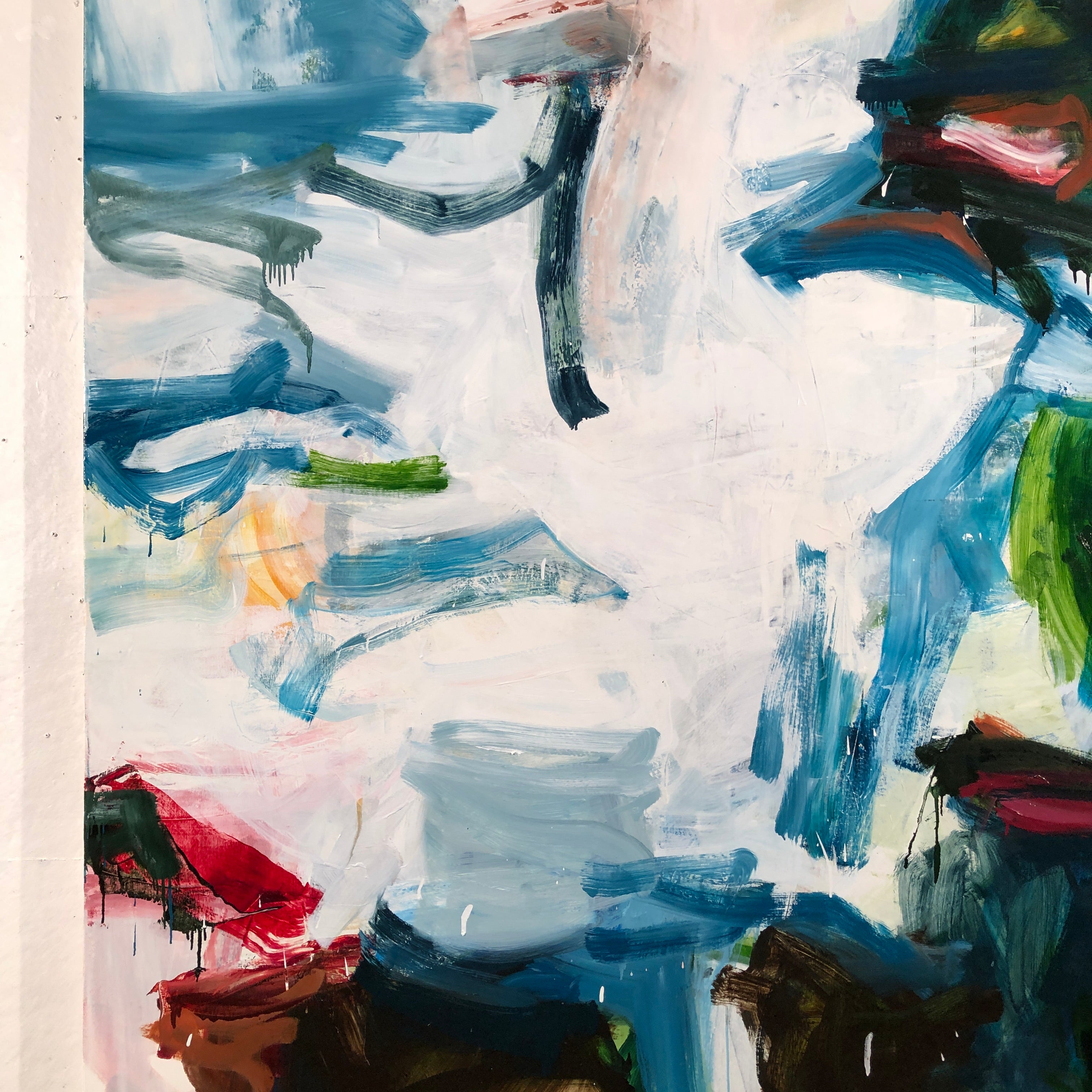 Abstract expressionist painting with expressive brushstrokes in blue, white, black, green, red, and brown.