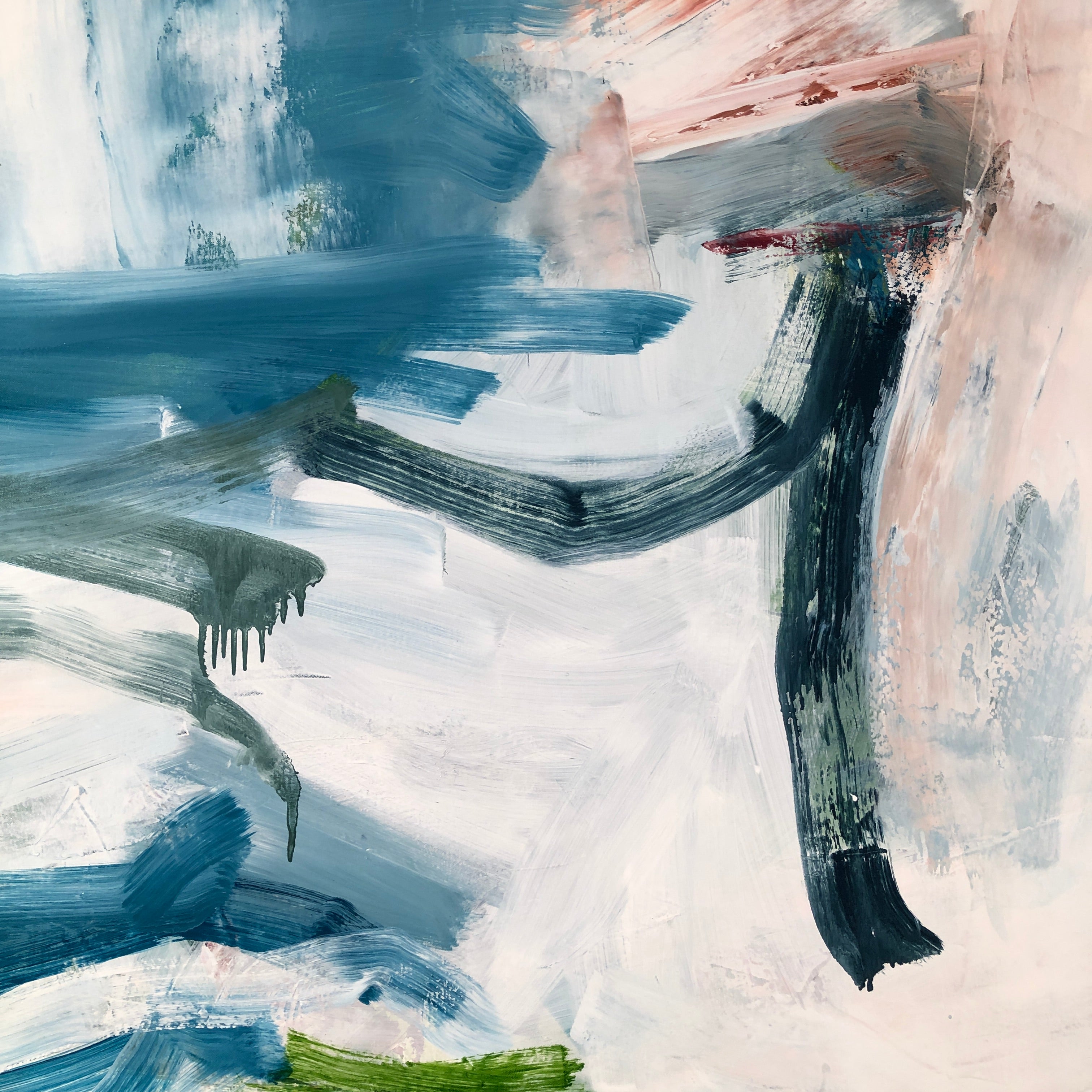 Abstract painting with expressive brushstrokes in blue, black, white, soft beige, and a small area of green on the right edge.
