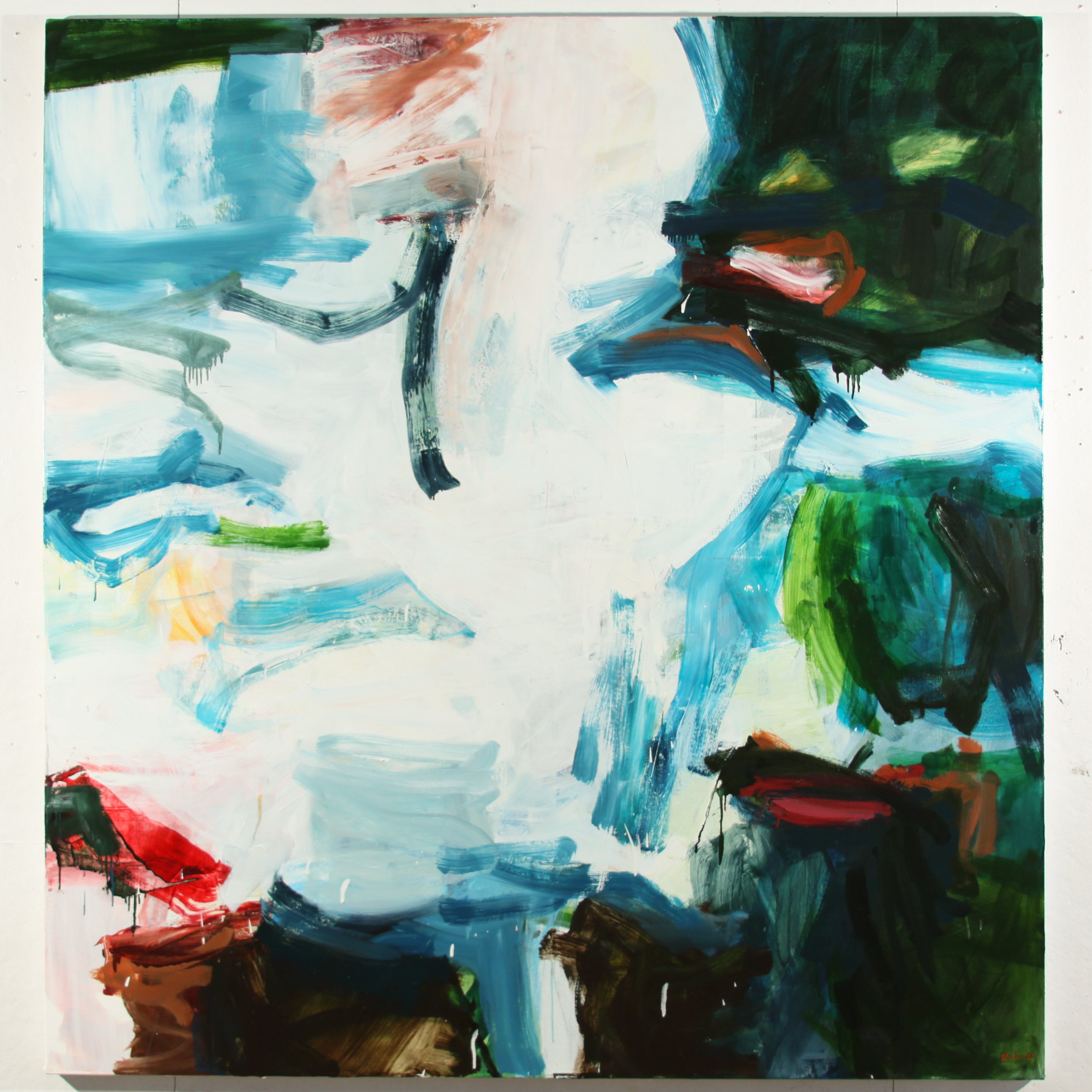 An abstract expressionist painting on a square canvas, featuring expressive brushstrokes in shades of blue, green, white, brown, and red.