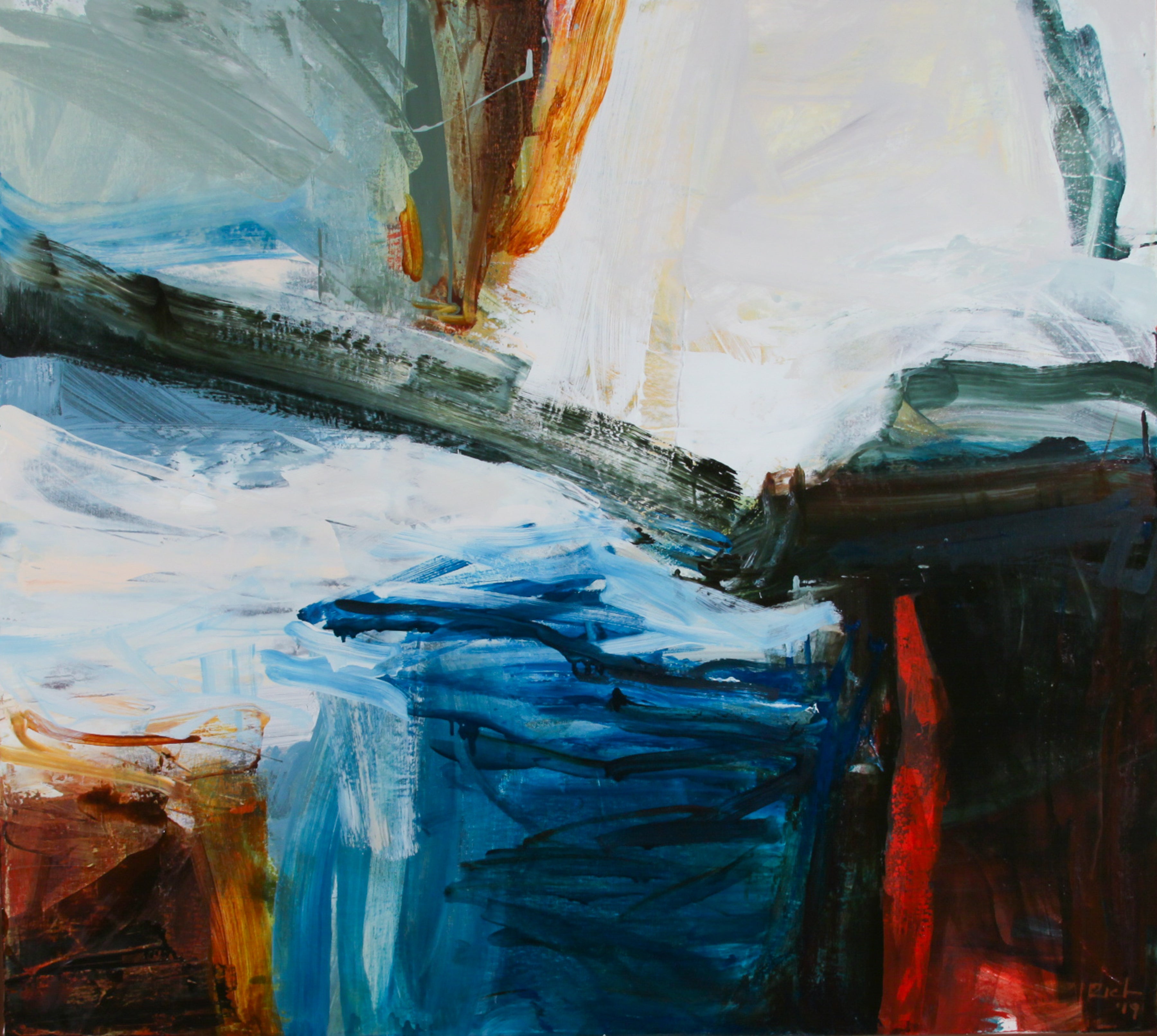 An abstract expressionist painting featuring textured brushstrokes of blue, white, black, red, and brown, with a prominent diagonal dark gray element cutting across the composition.
