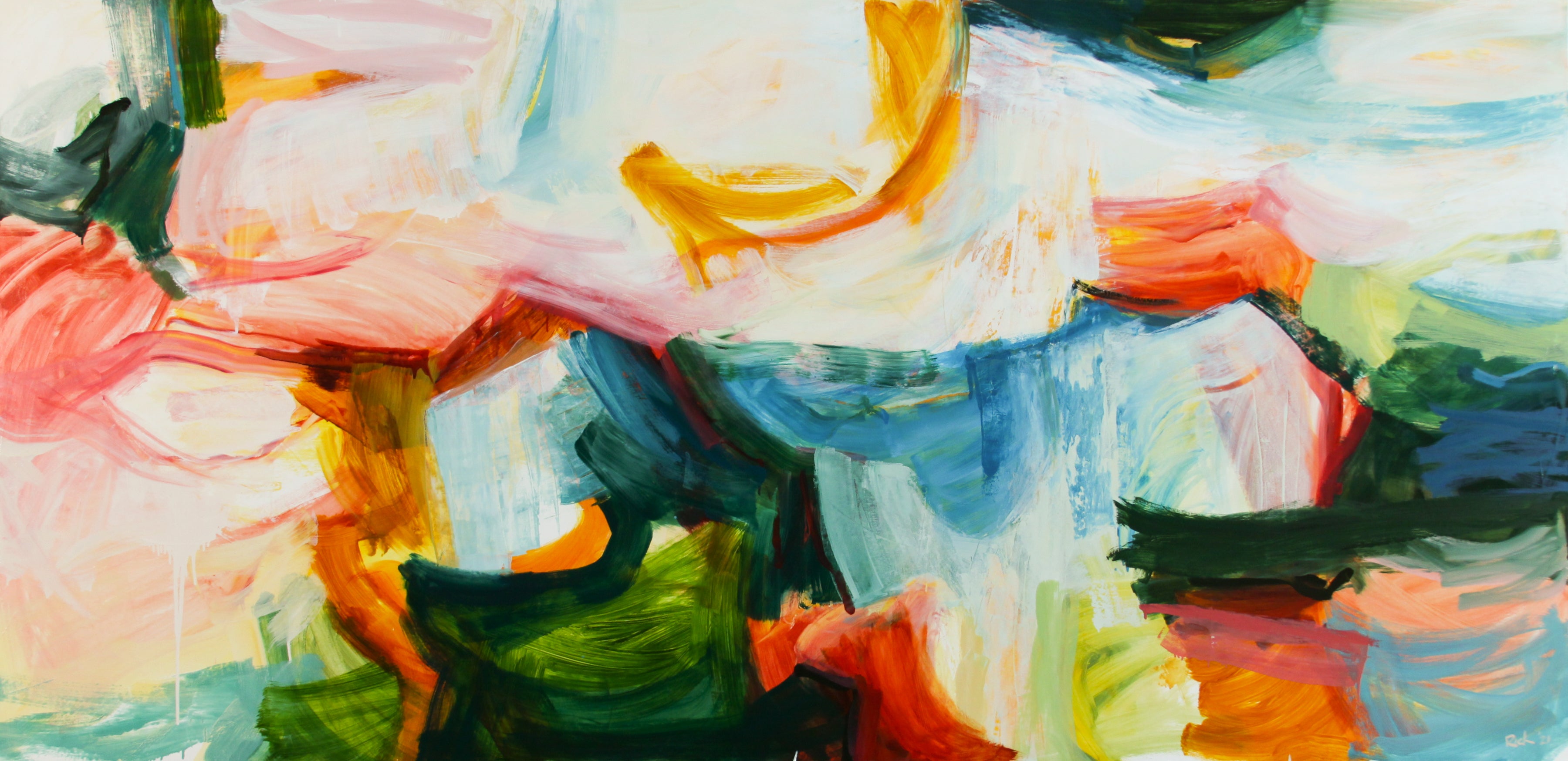 Abstract expressionist oil painting with expressive, textured brushstrokes in white, pink, blue, green, orange, and yellow.