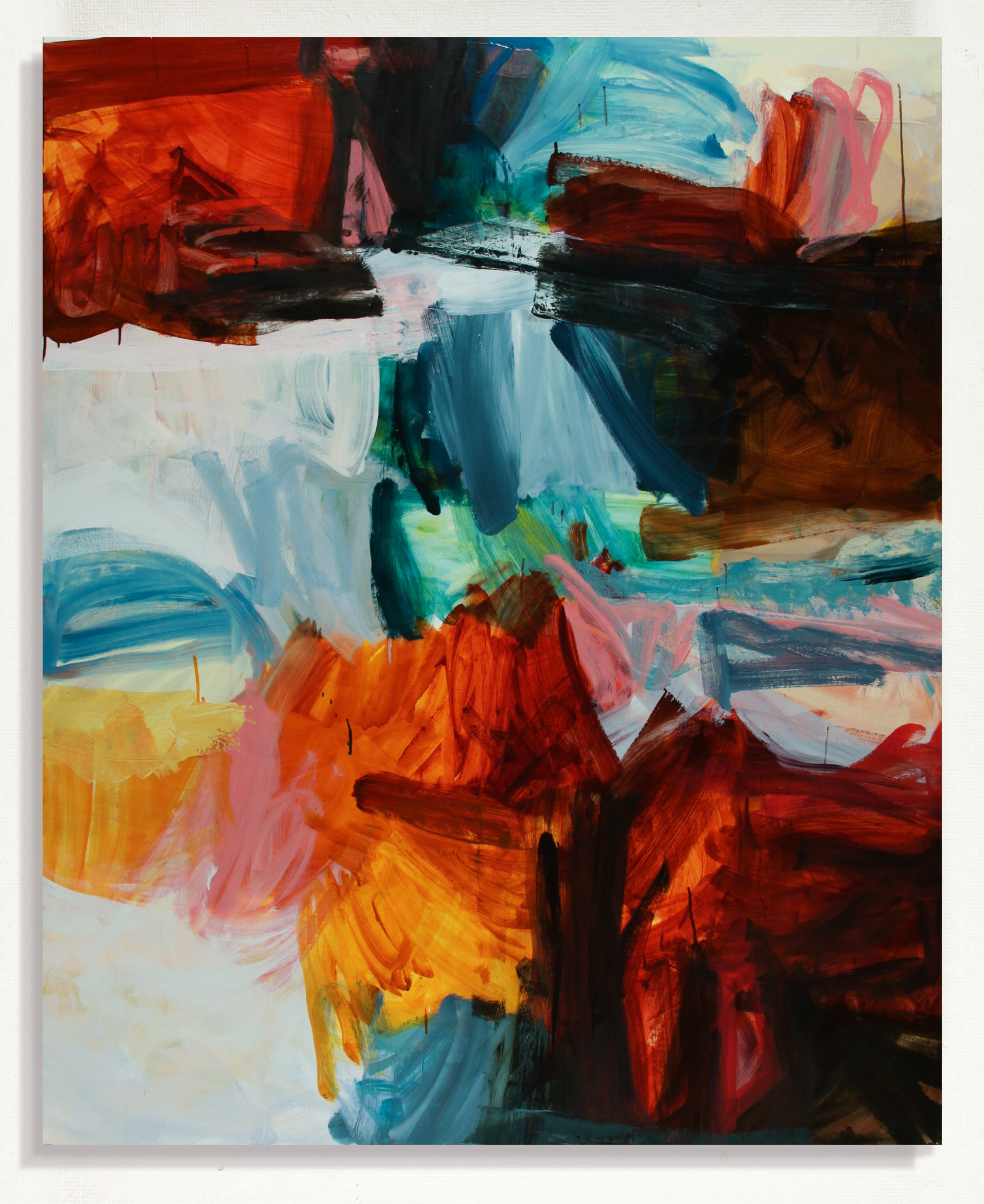 An abstract canvas painting with expressive, textured brushstrokes in red, orange, blue, pink, brown, black, and white, shown against a plain white background.