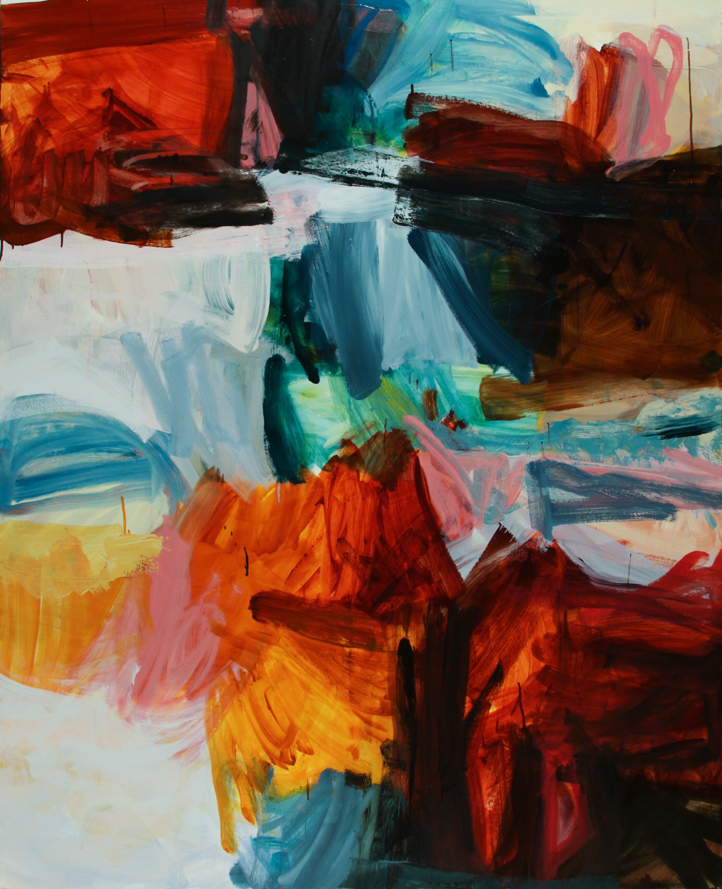 Abstract expressionist painting with expressive, textured brushstrokes in red, orange, blue, pink, brown, black, and white.