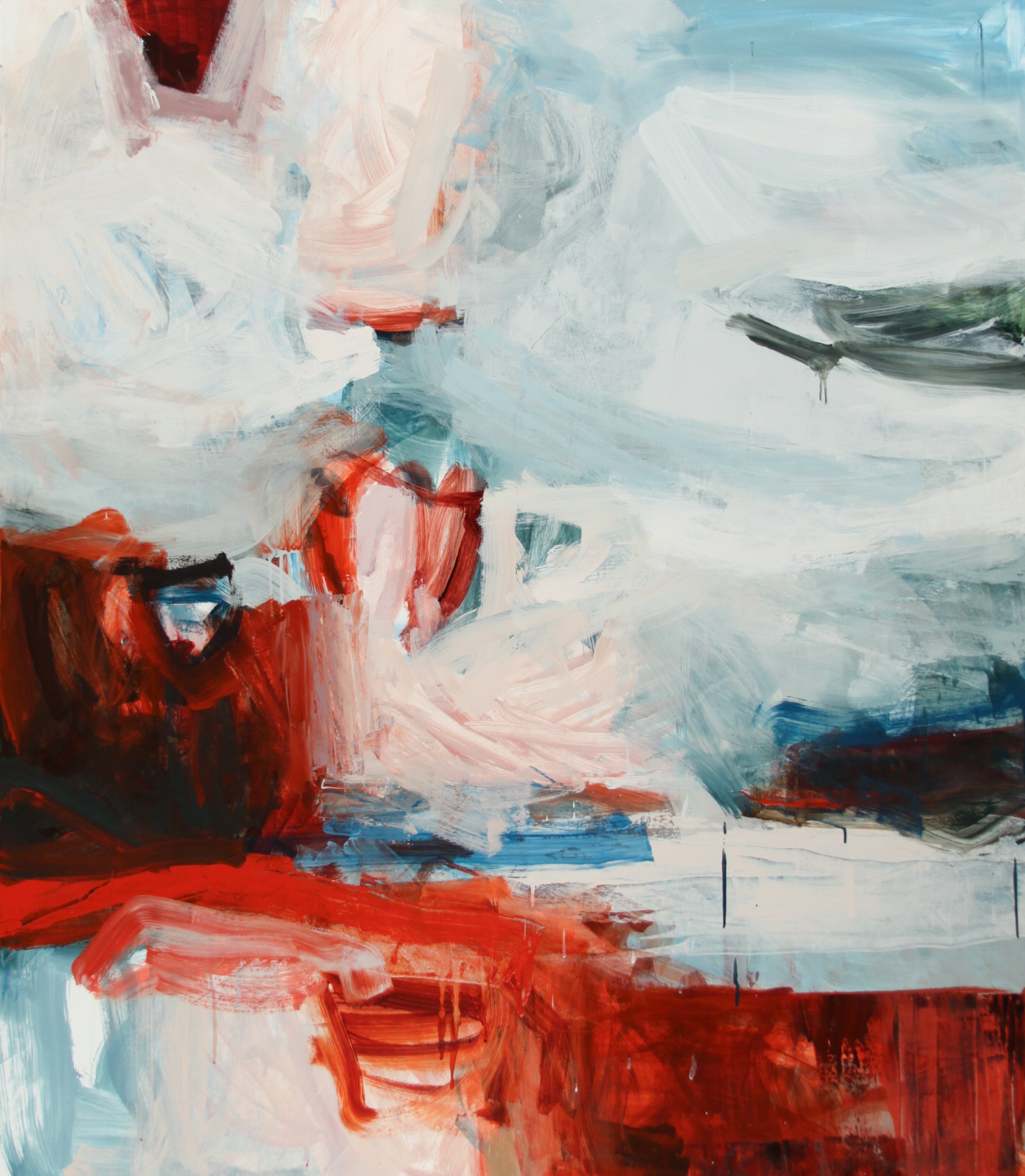 Abstract expressionist painting with expressive brushstrokes in red, white, light blue, and dark gray.