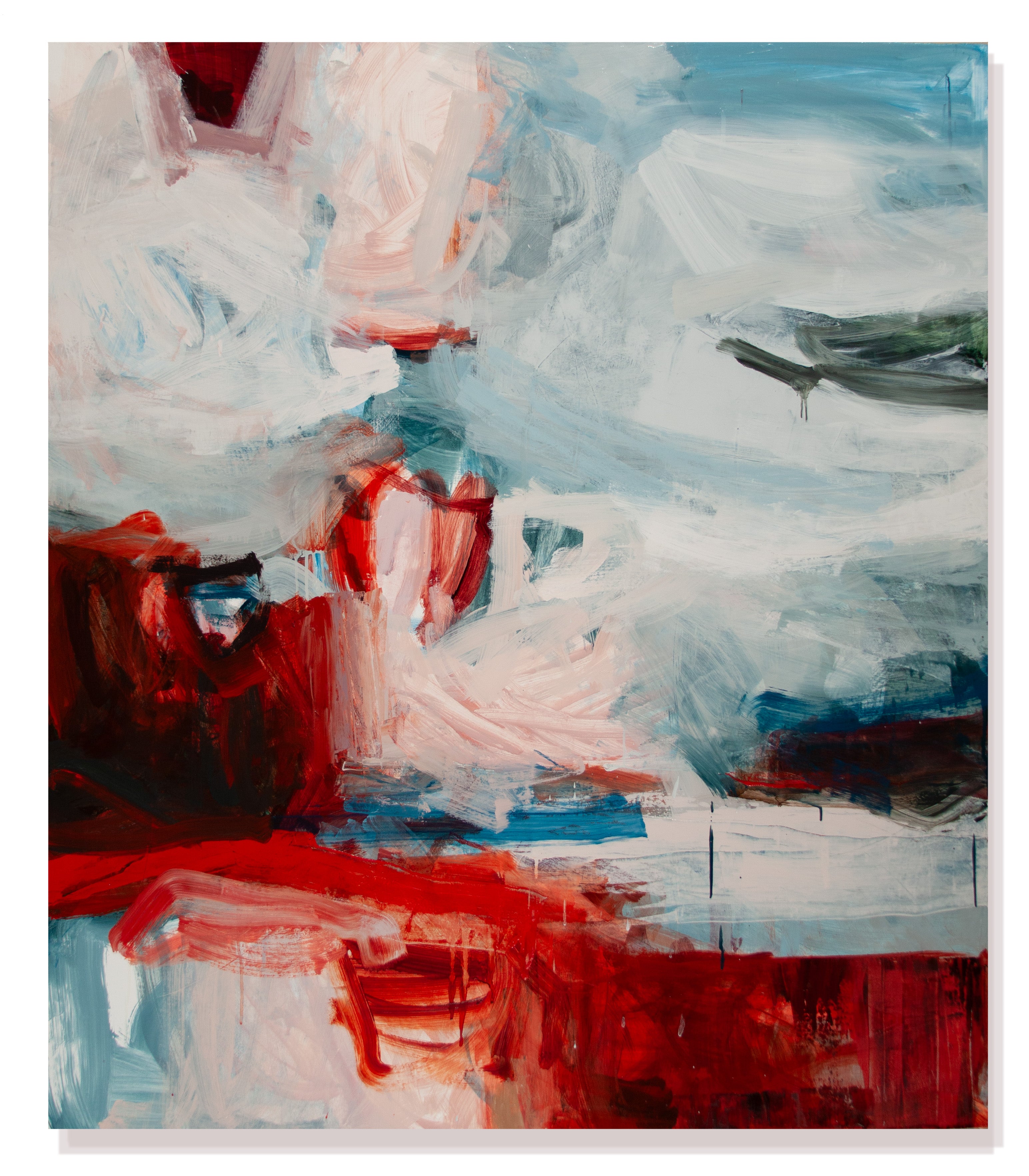 An abstract canvas painting featuring expressive brushstrokes in vibrant red, soft pink, light blue, and white, with dark charcoal accents.