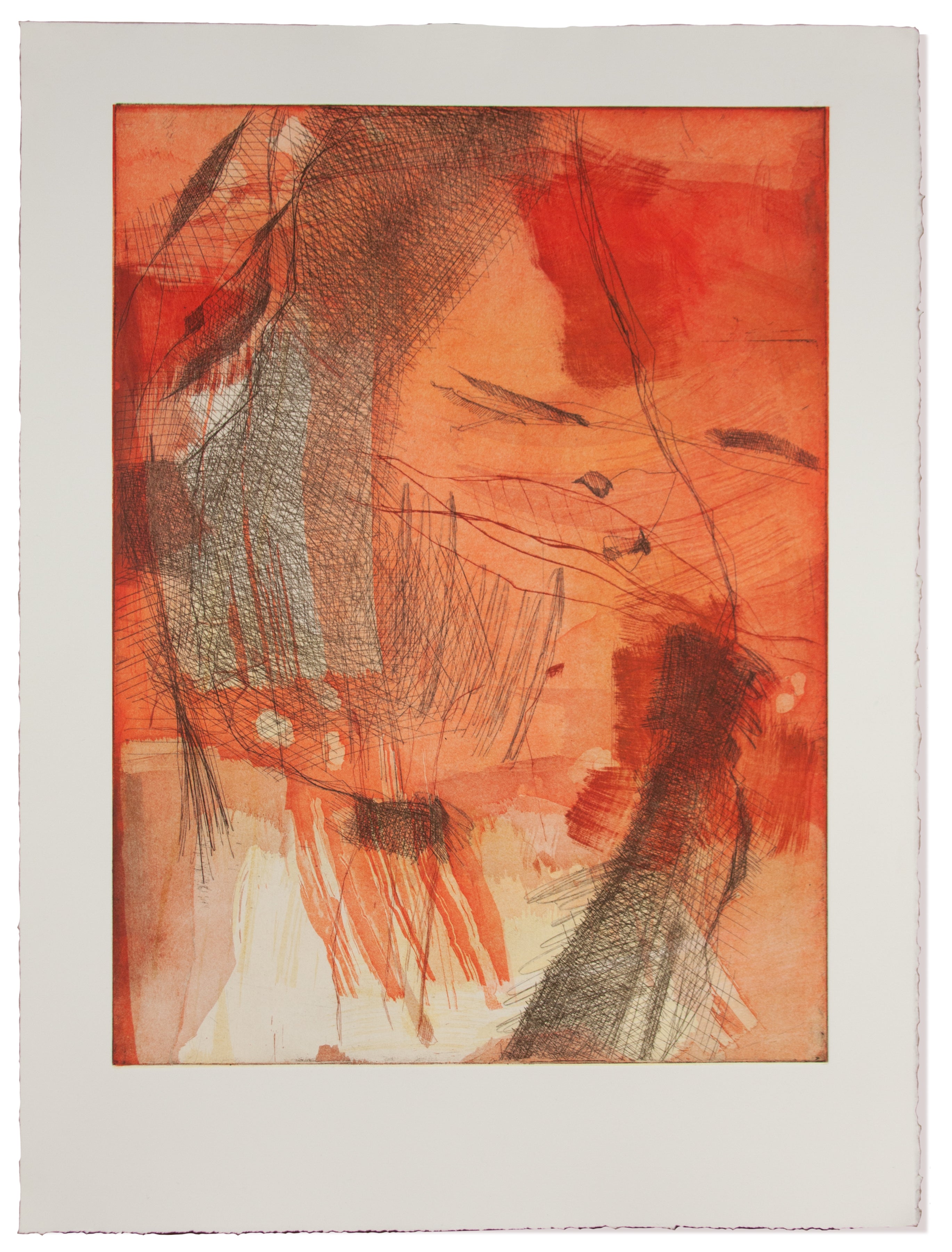 An abstract art print featuring expressive brushstrokes and sketchy lines in vibrant orange, red, peach, and gray tones, presented with a wide white border.