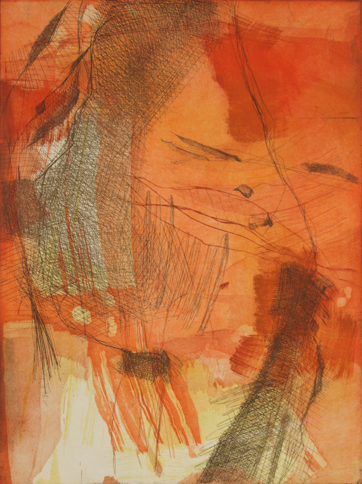 Abstract artwork featuring expressive brushstrokes and fine sketch lines in warm orange, red, brown, and cream tones.
