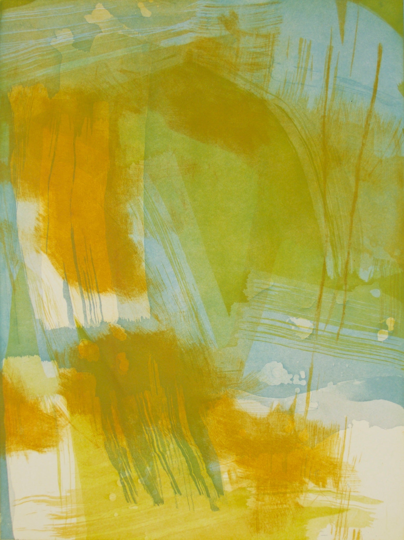 Abstract painting with layered brushstrokes in yellow, olive green, light blue, and white, featuring textured drips and gestural marks across the canvas.