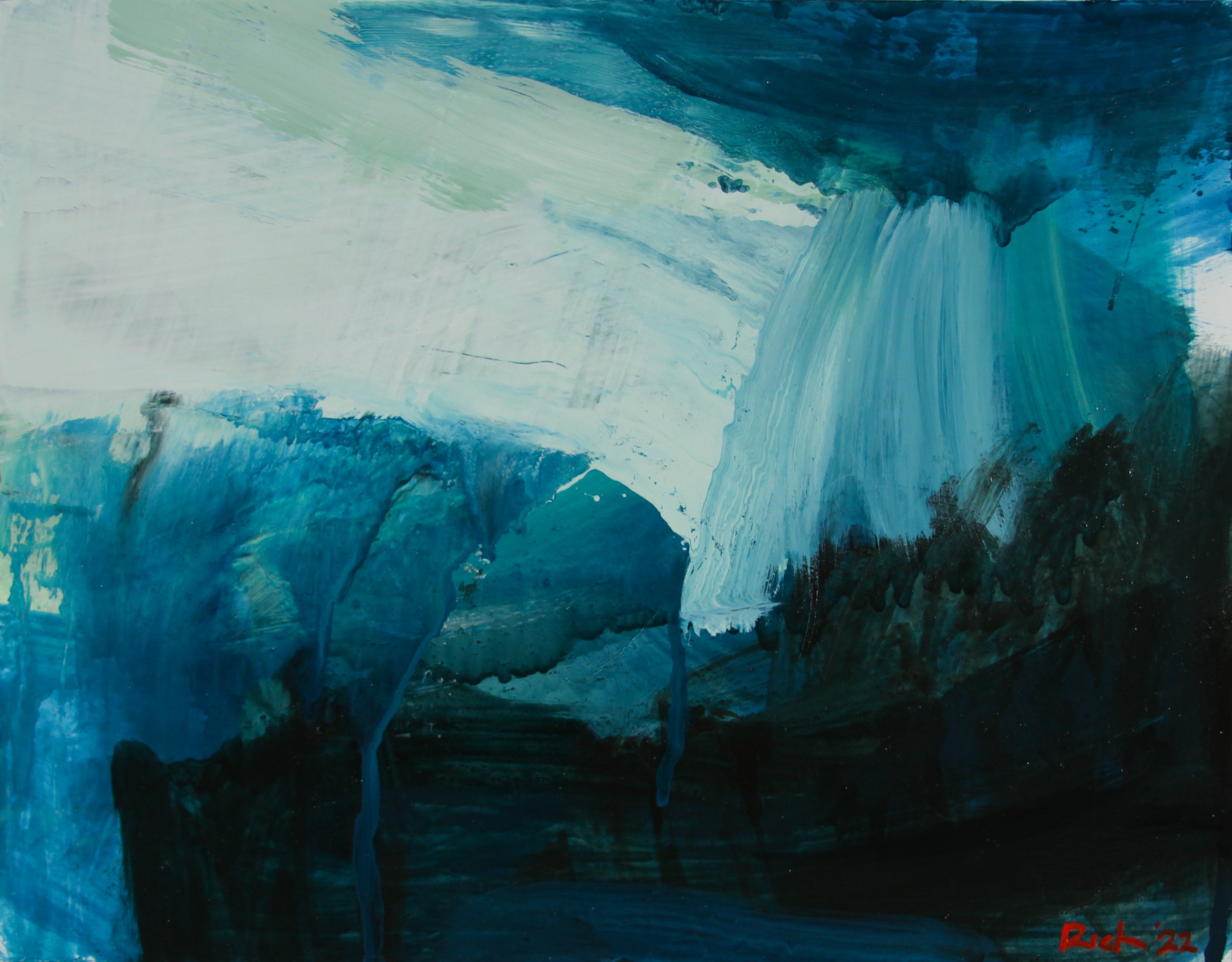 An abstract landscape painting featuring a waterfall or cascading water element in shades of blue, teal, white, and dark navy, with textured brushstrokes across the canvas.
