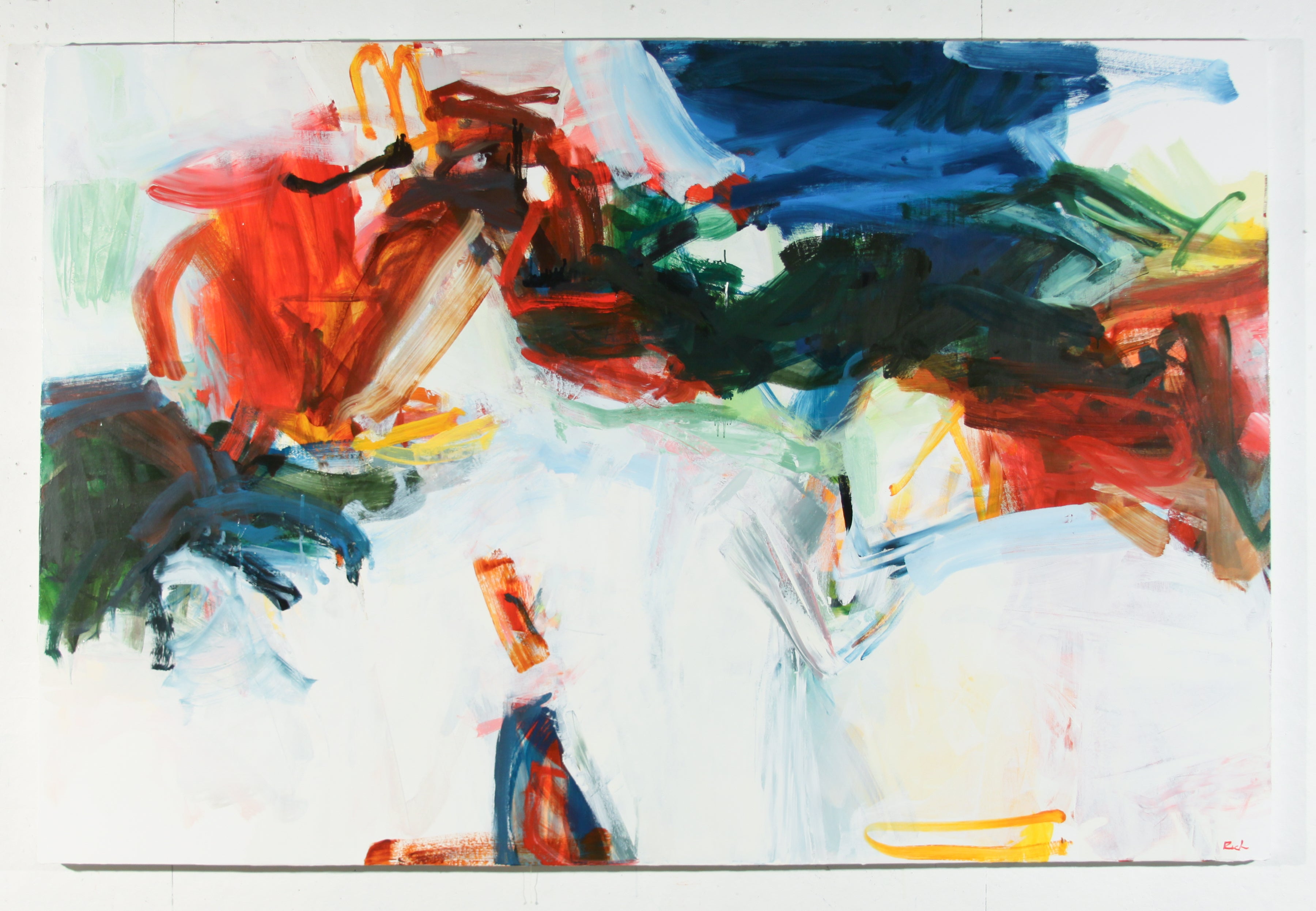 An abstract expressionist painting featuring dynamic, expressive brushstrokes in red, blue, green, yellow, and white.