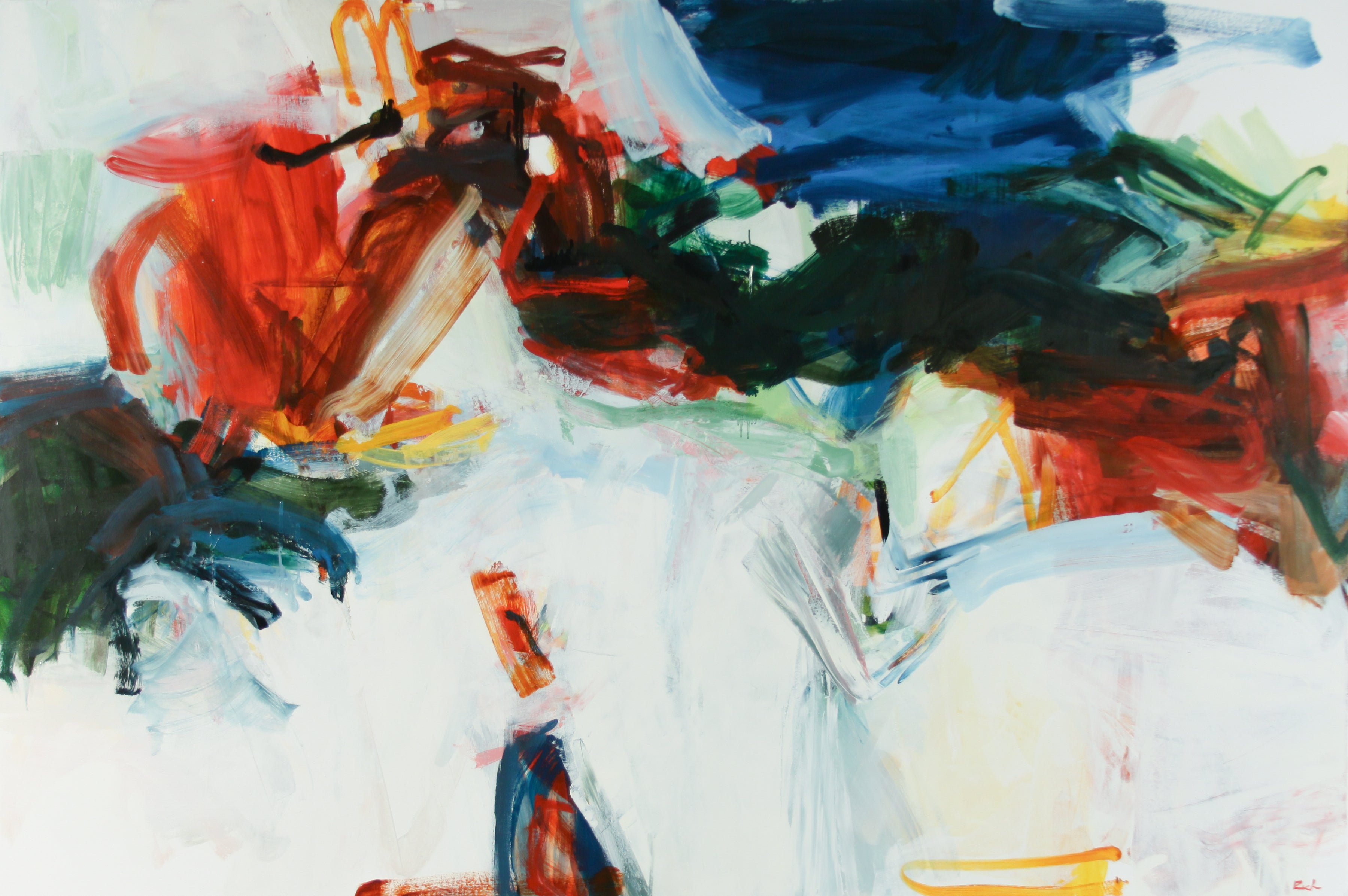 An abstract painting with expressive, gestural brushstrokes in white, blue, red, green, black, and orange, with no recognizable product form or person.