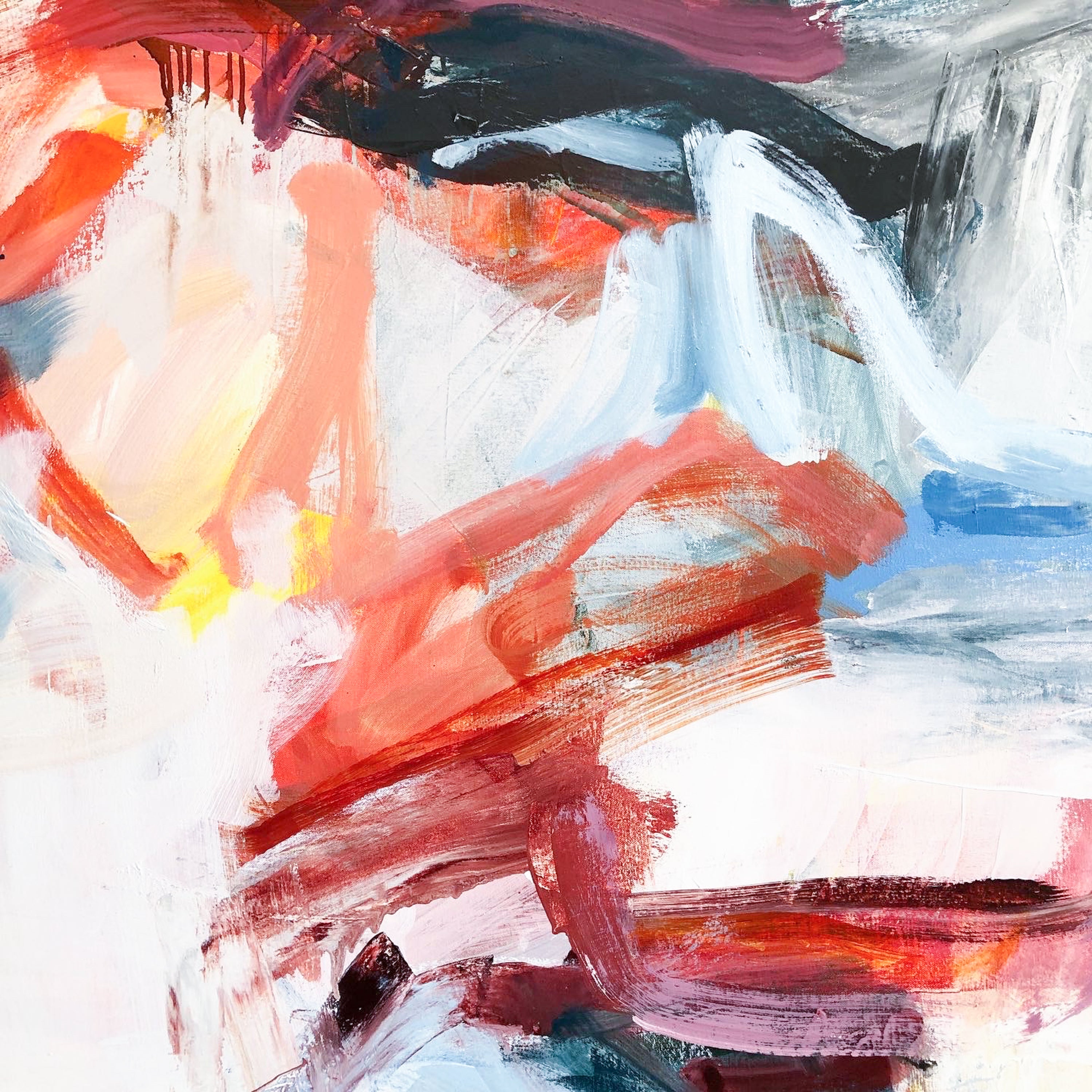 Abstract expressionist painting with expressive brushstrokes in red, orange, white, black, blue, and pink.