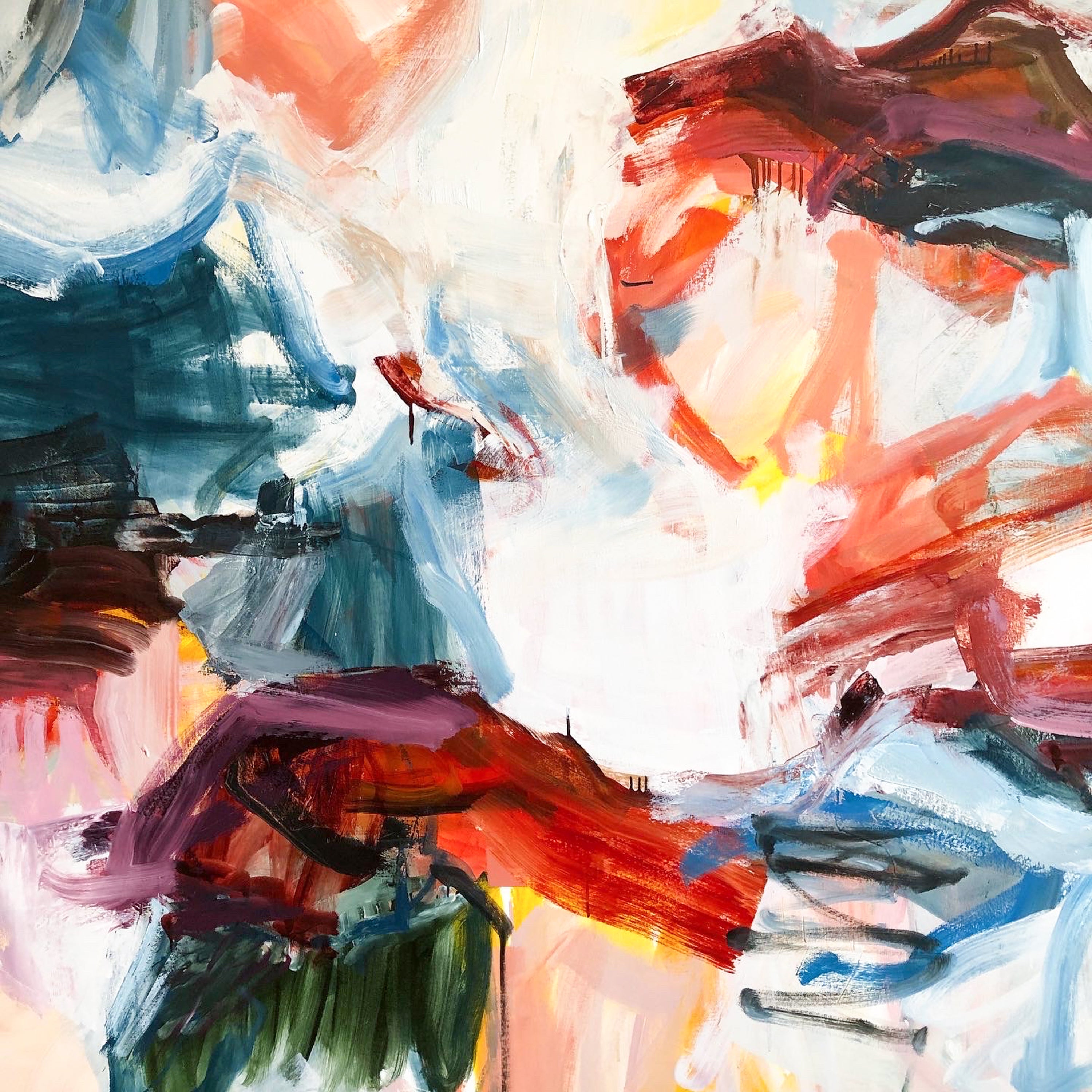 Abstract expressionist painting with expressive brushstrokes in white, red, orange, blue, purple, green, and black.