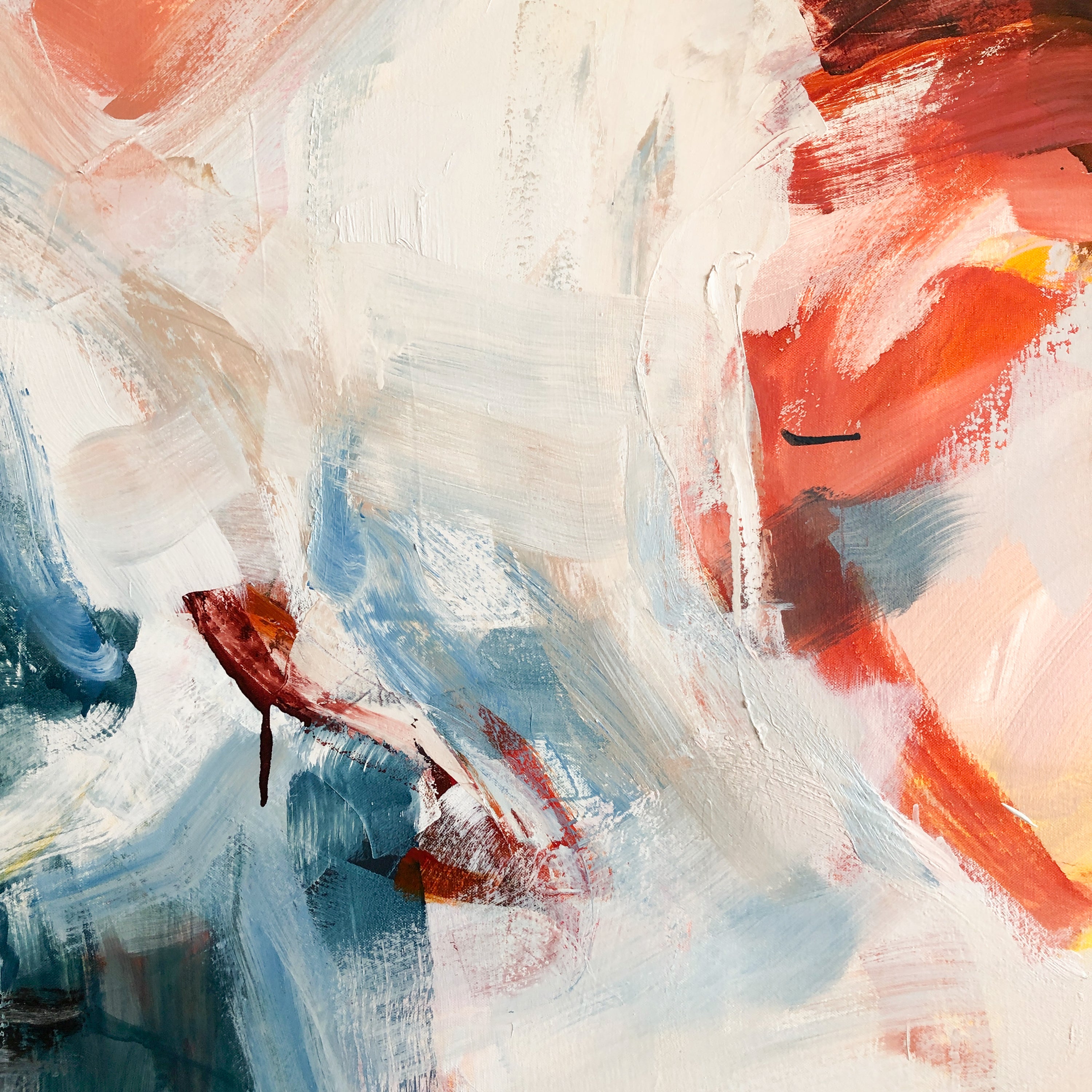 Abstract expressionist painting with expressive brushstrokes in white, red, orange, blue, and gray.