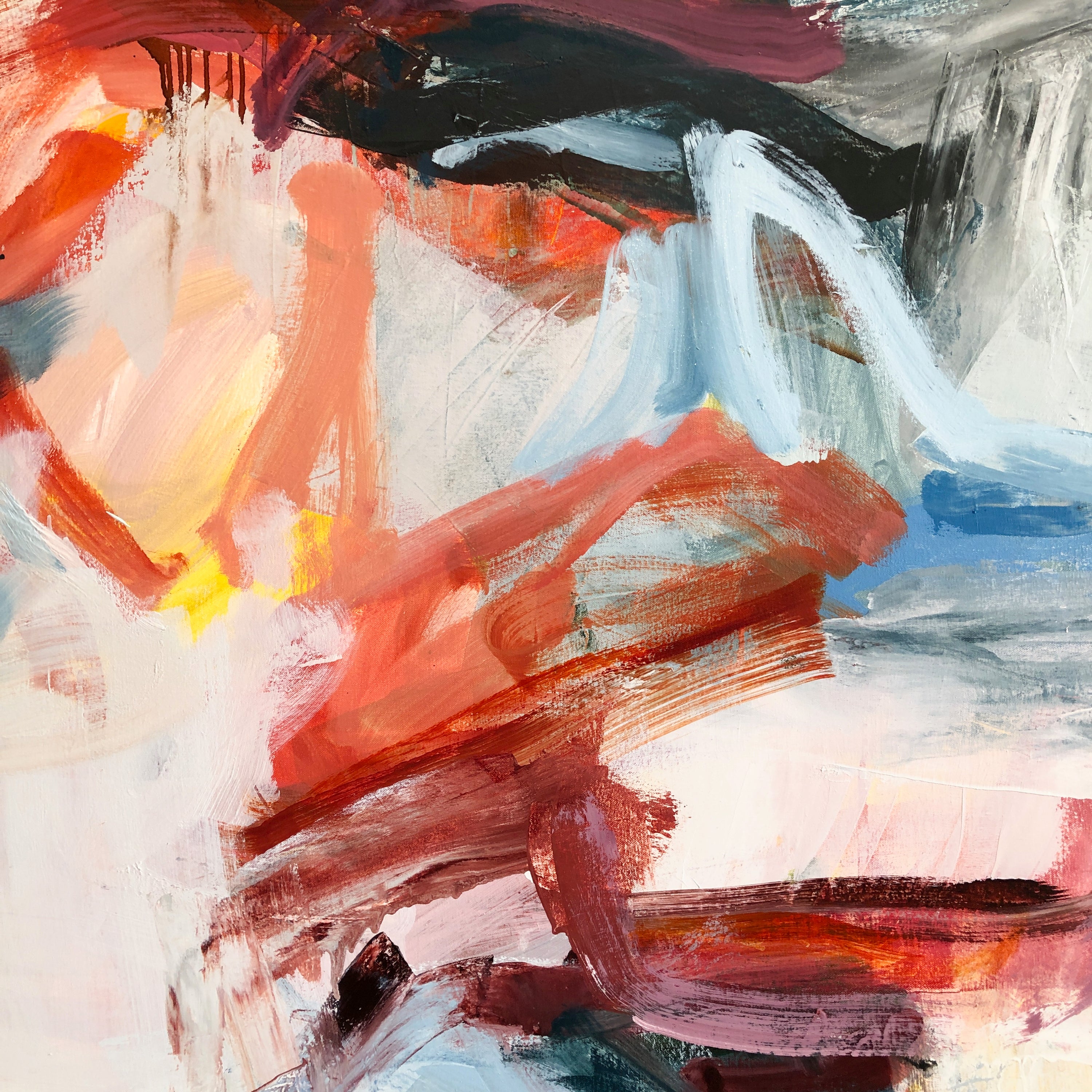 Abstract expressionist painting with expressive brushstrokes in red, orange, white, black, blue, and yellow.