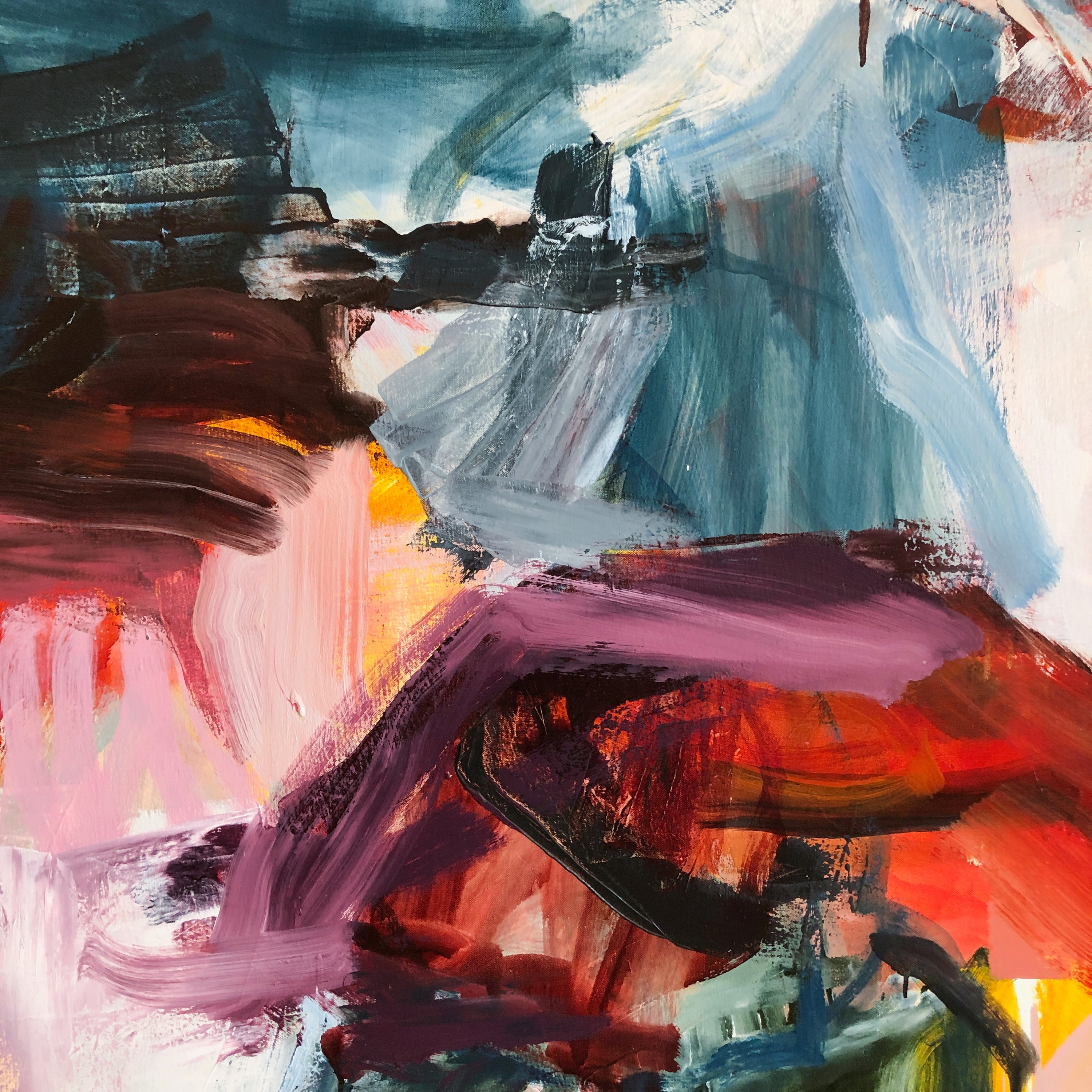 Abstract painting with expressive brushstrokes in blue, pink, red, purple, black, and white, filling the entire frame.