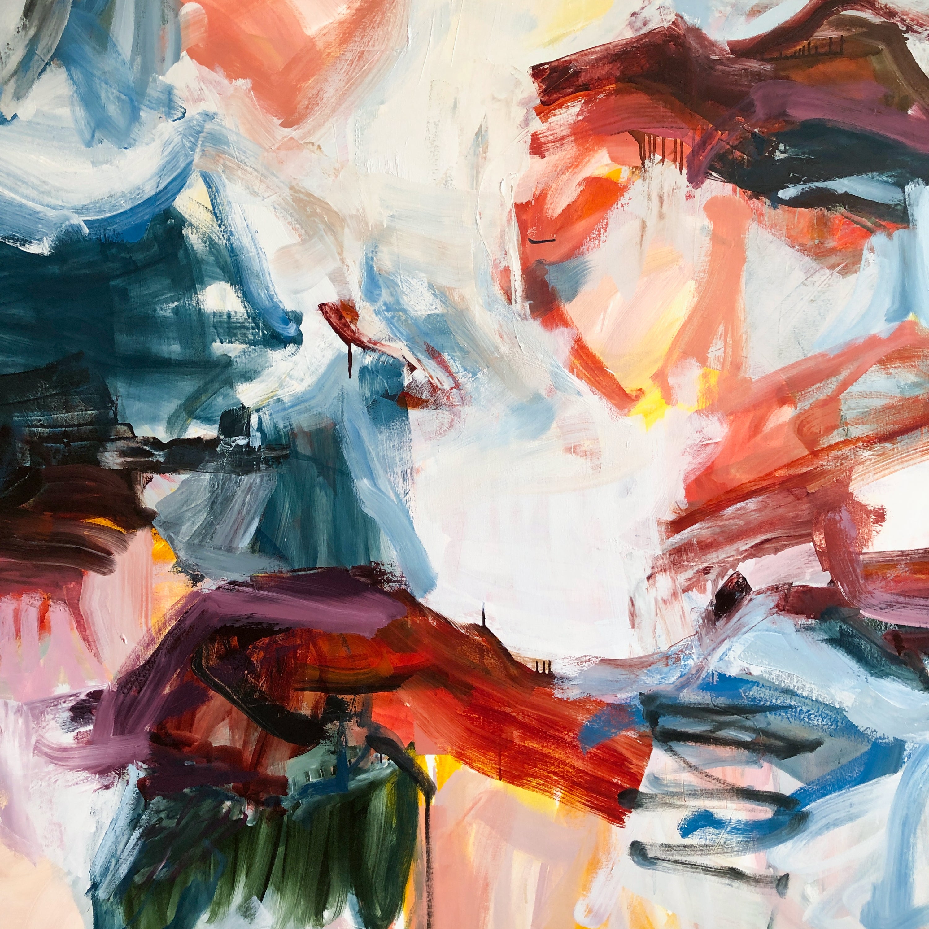 Abstract expressionist painting with expressive brushstrokes in white, blue, red, orange, purple, and green.