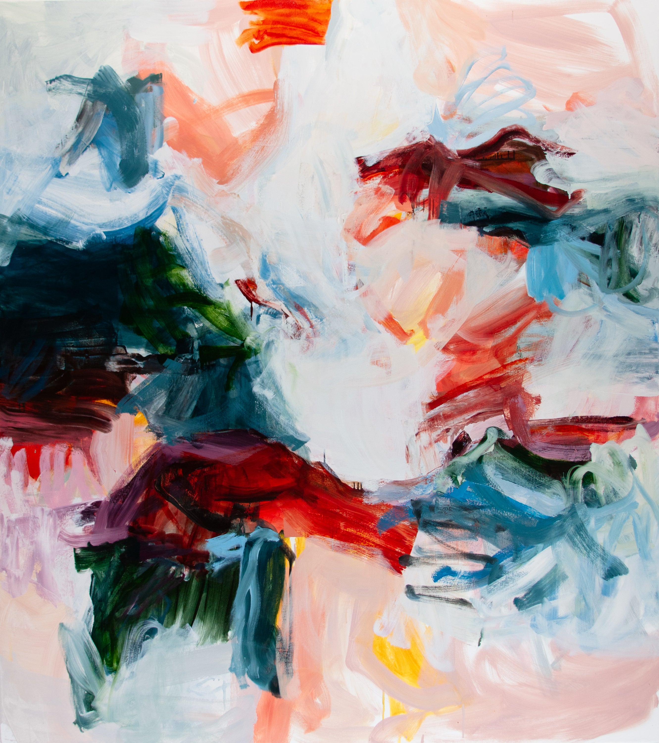 Abstract expressionist painting with expressive, textured brushstrokes in white, pink, red, blue, green, and orange.