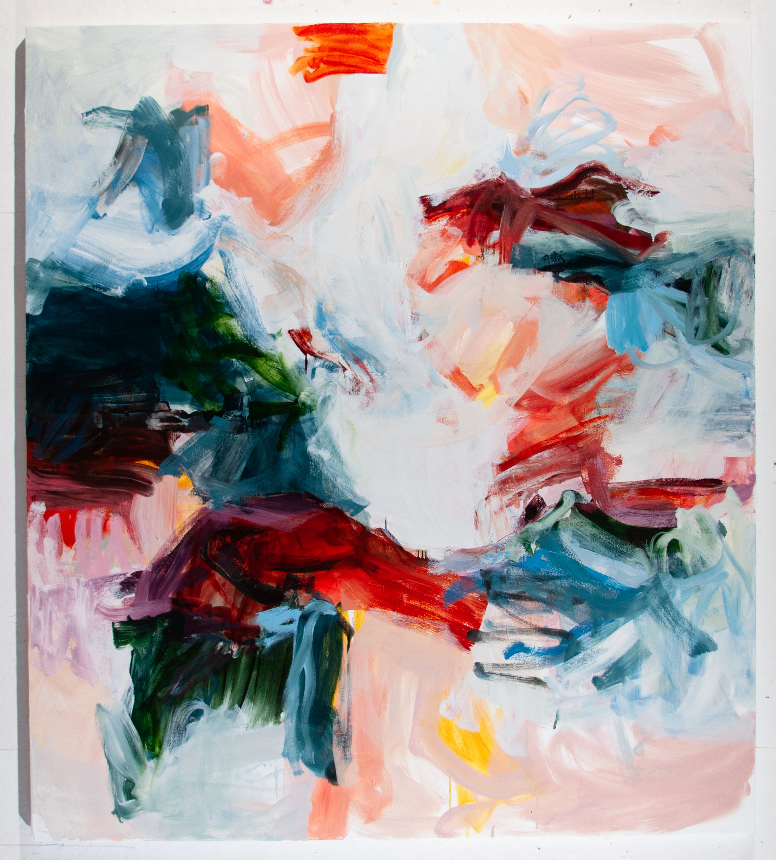 An abstract expressionist painting featuring expressive, textured brushstrokes in white, pink, red, blue, green, and dark charcoal tones.