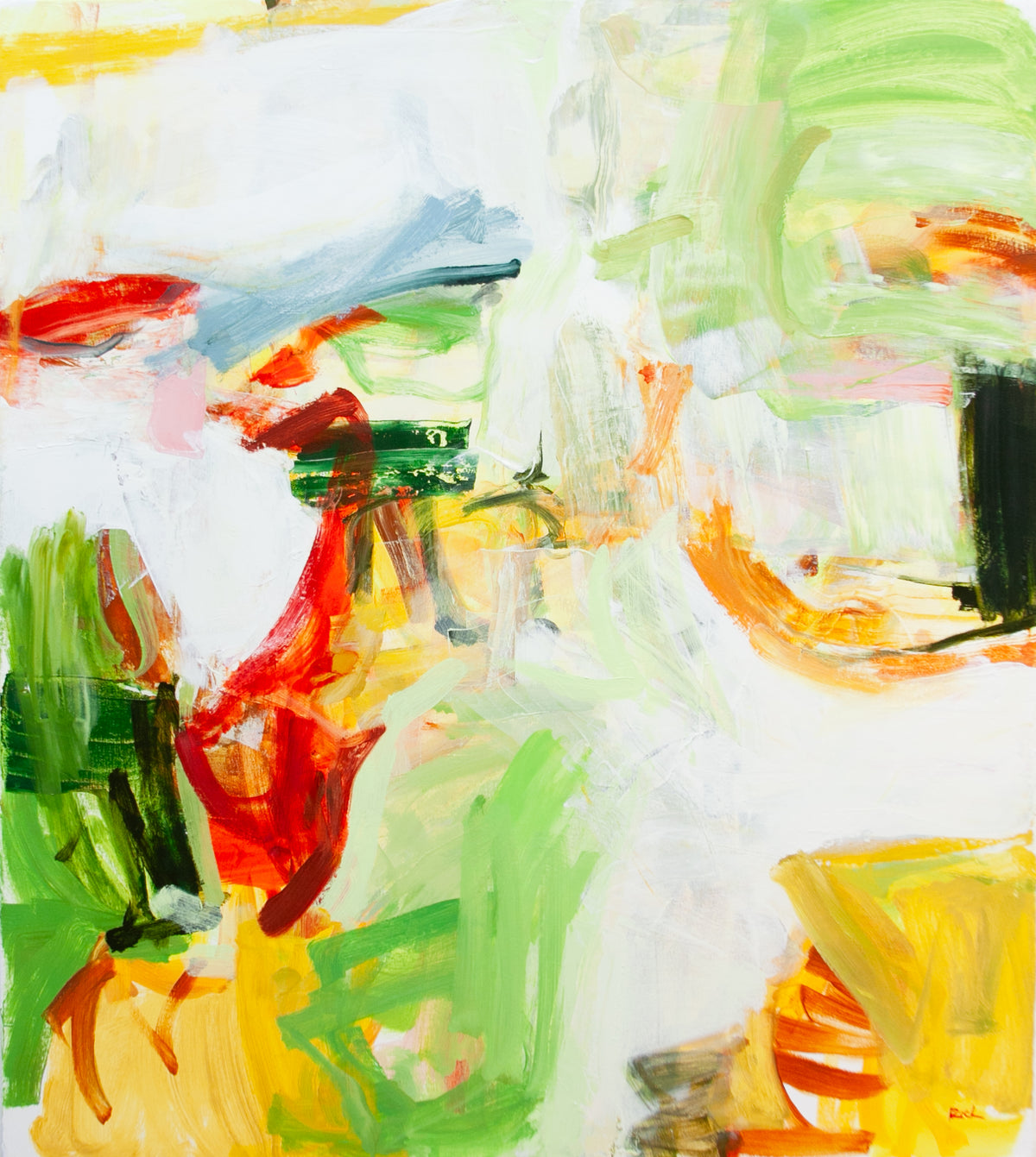 An abstract expressionist painting by Michael Rich featuring expressive, textured brushstrokes in green, yellow, red, orange, and light blue over a white background.