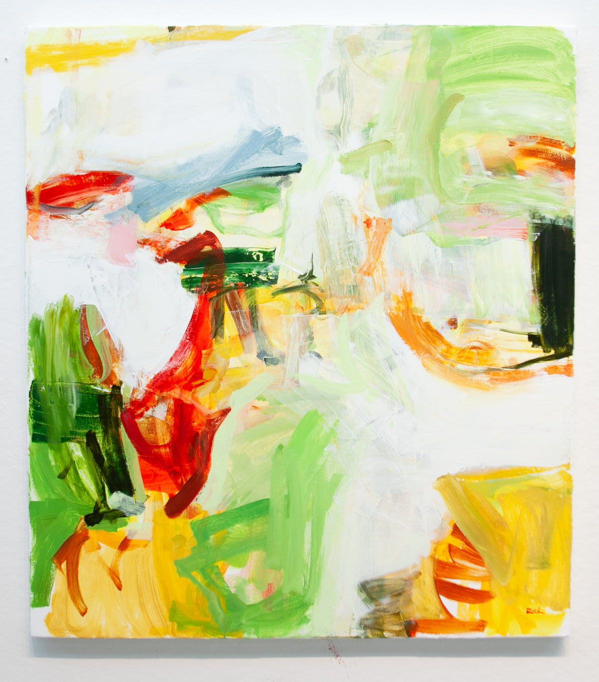 An abstract expressionist painting by michael Rich on a nearly-square canvas featuring expressive brushstrokes in green, yellow, red, orange, and white.