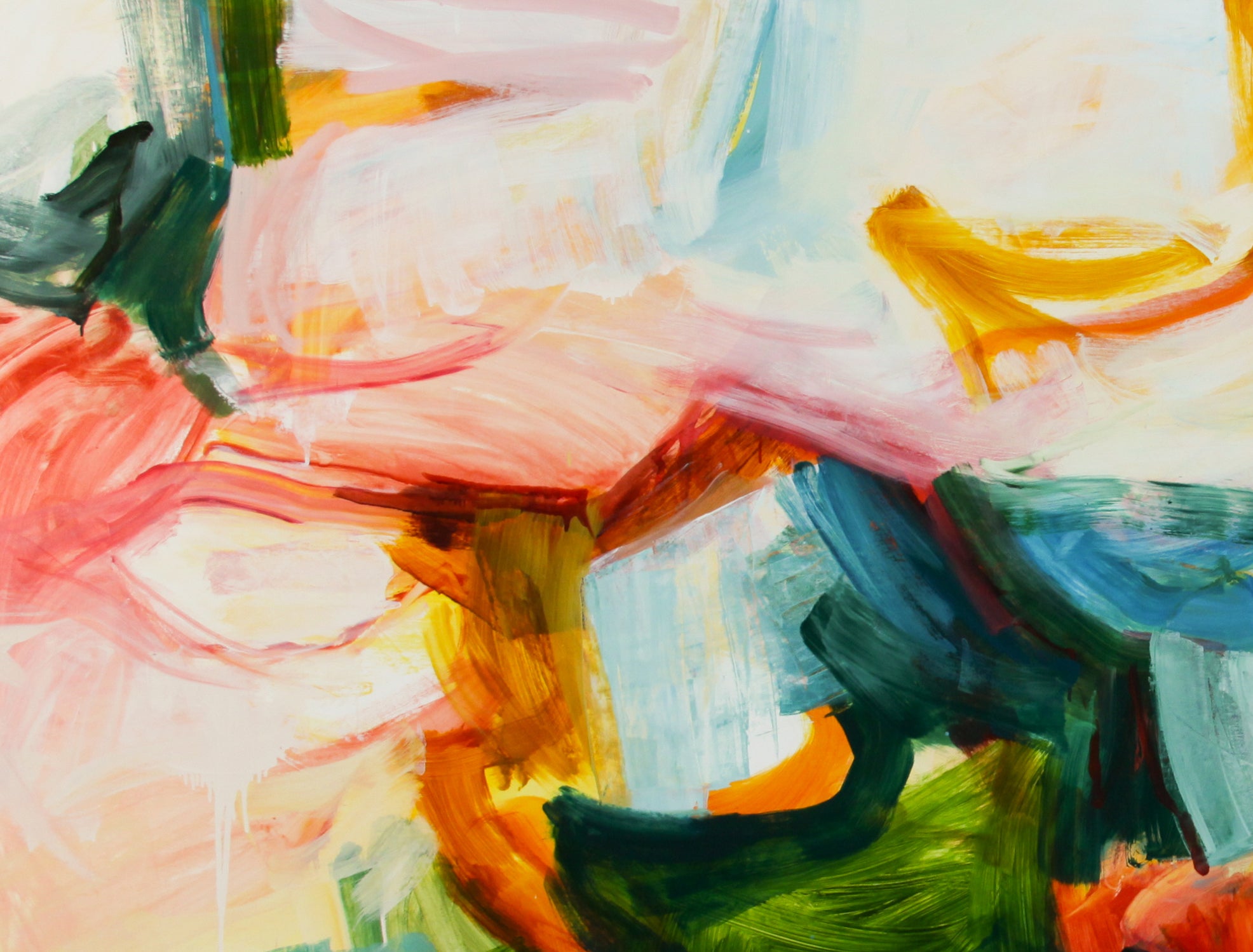 Abstract expressionist painting with expressive brushstrokes in pink, white, light blue, teal, green, orange, and dark green.