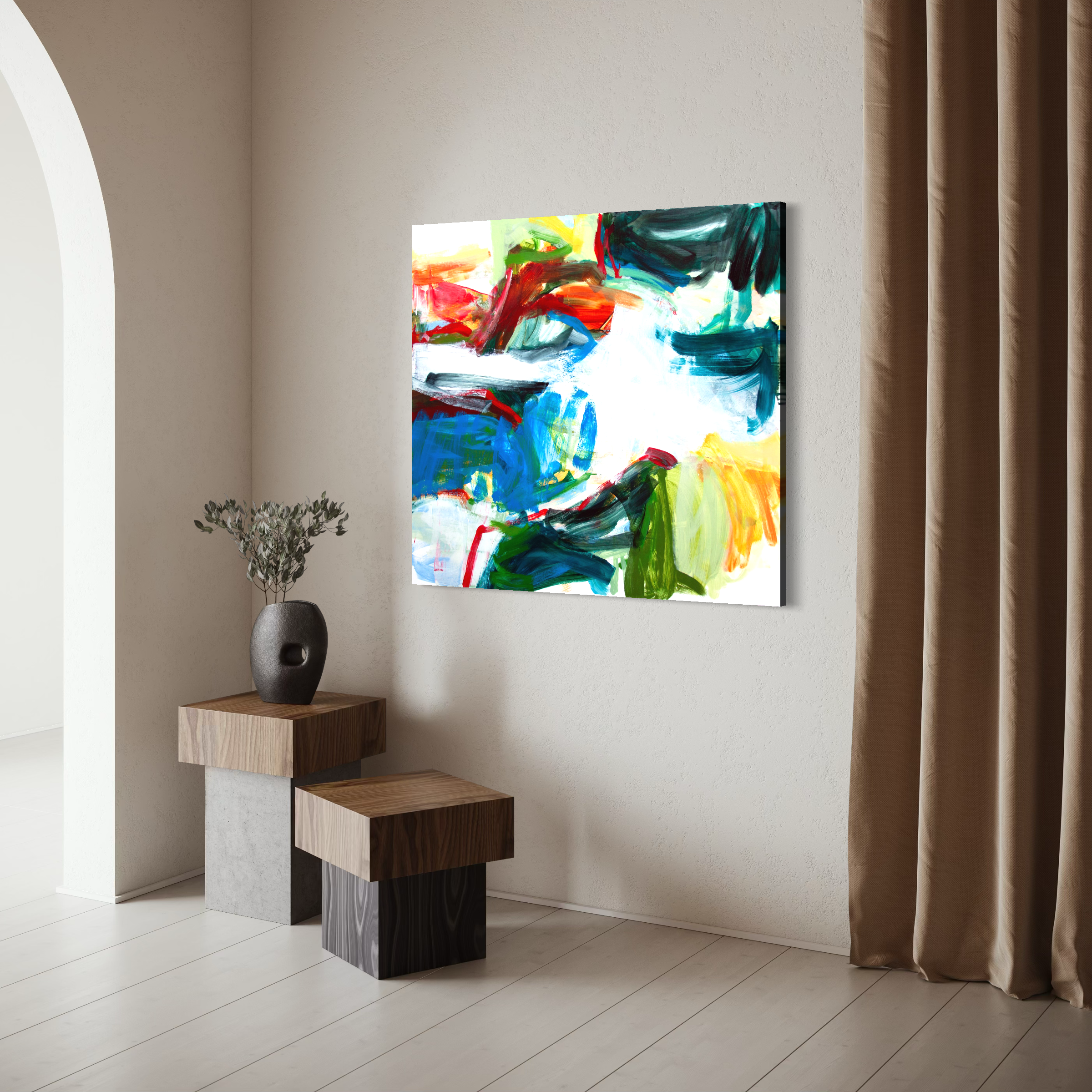 Abstract canvas wall art with bold multicolor brushstrokes hanging on a beige wall in a modern interior setting with wooden stools and a curtain.