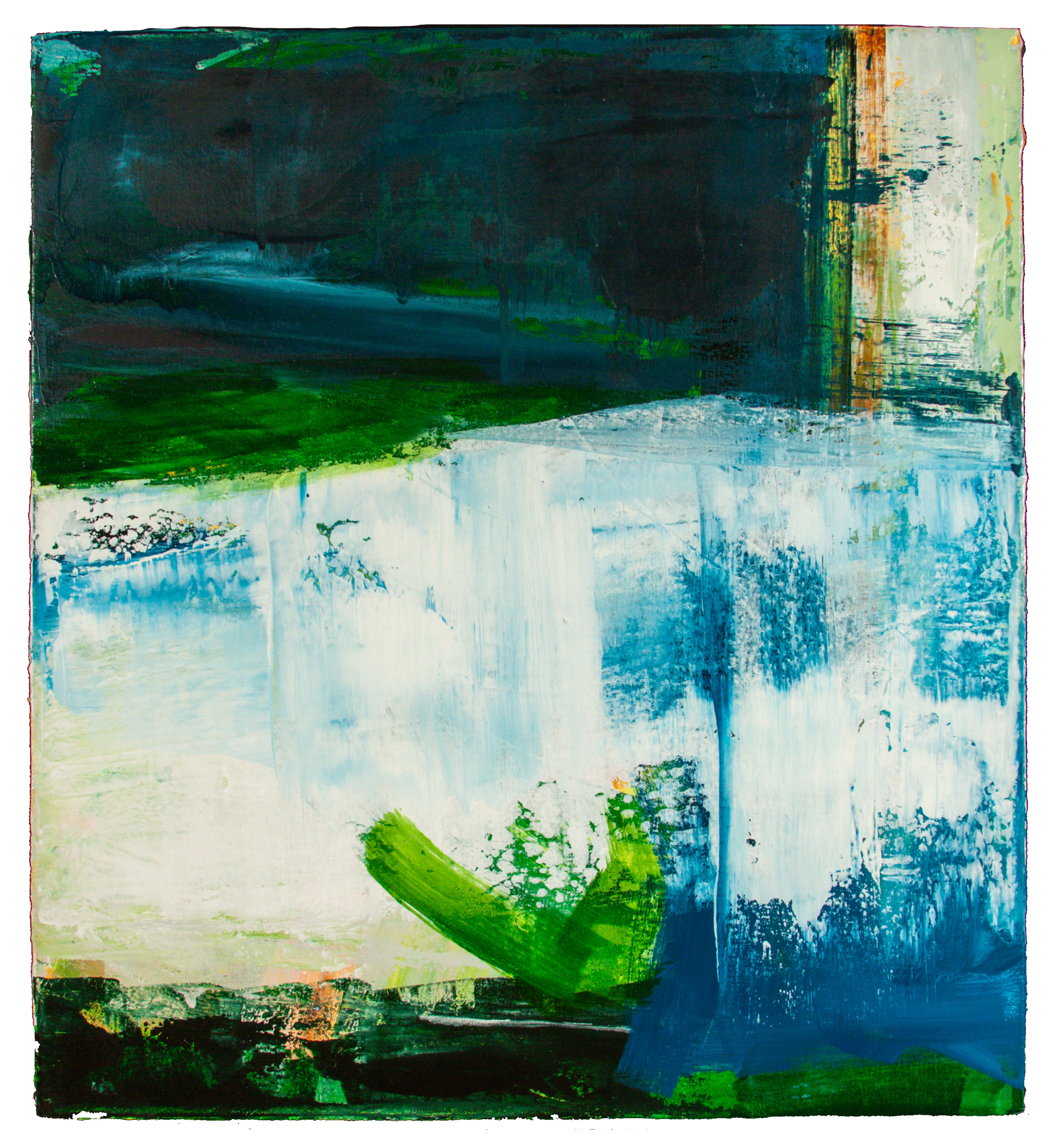 An abstract painting featuring expressive brushstrokes in deep blue, forest green, white, and black, with a textured vertical panel on the right side.