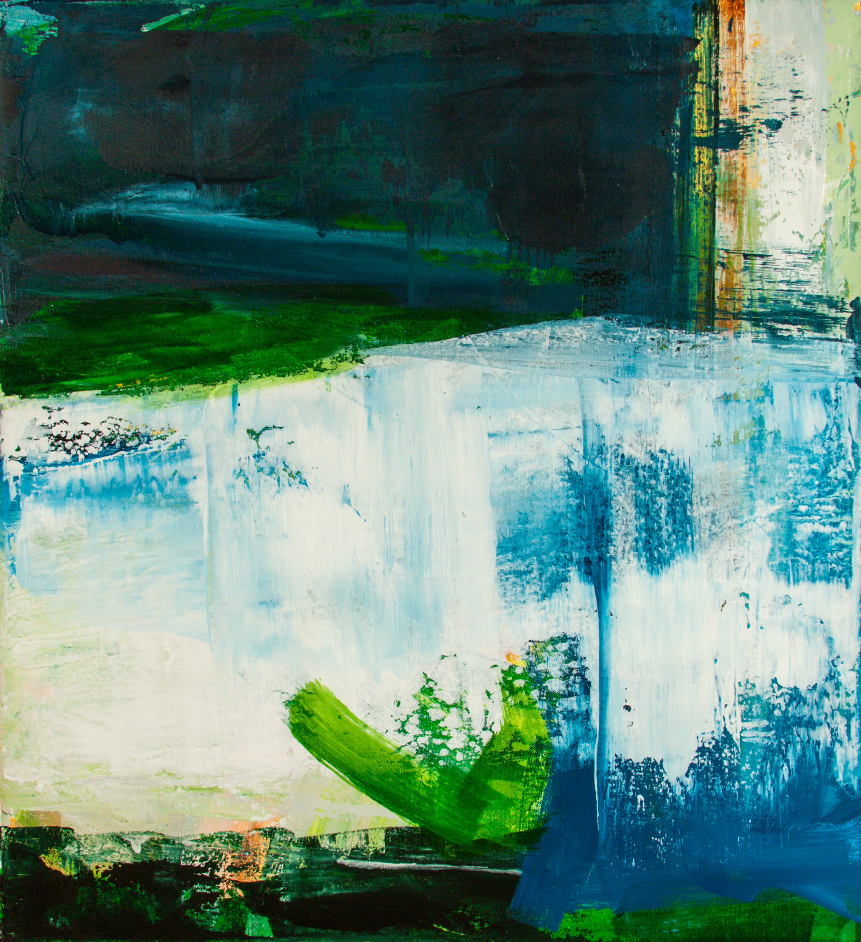 An abstract painting with layered horizontal brushstrokes in deep blue, white, green, and dark charcoal tones.