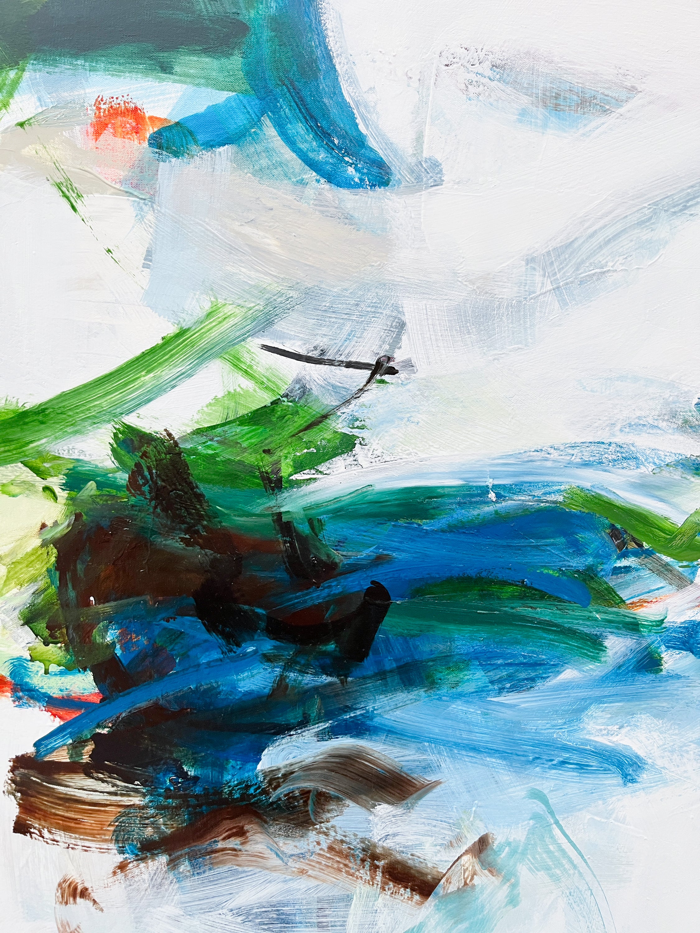 Abstract painting with expressive brushstrokes in blue, green, white, brown, and small orange accents, filling the entire frame.