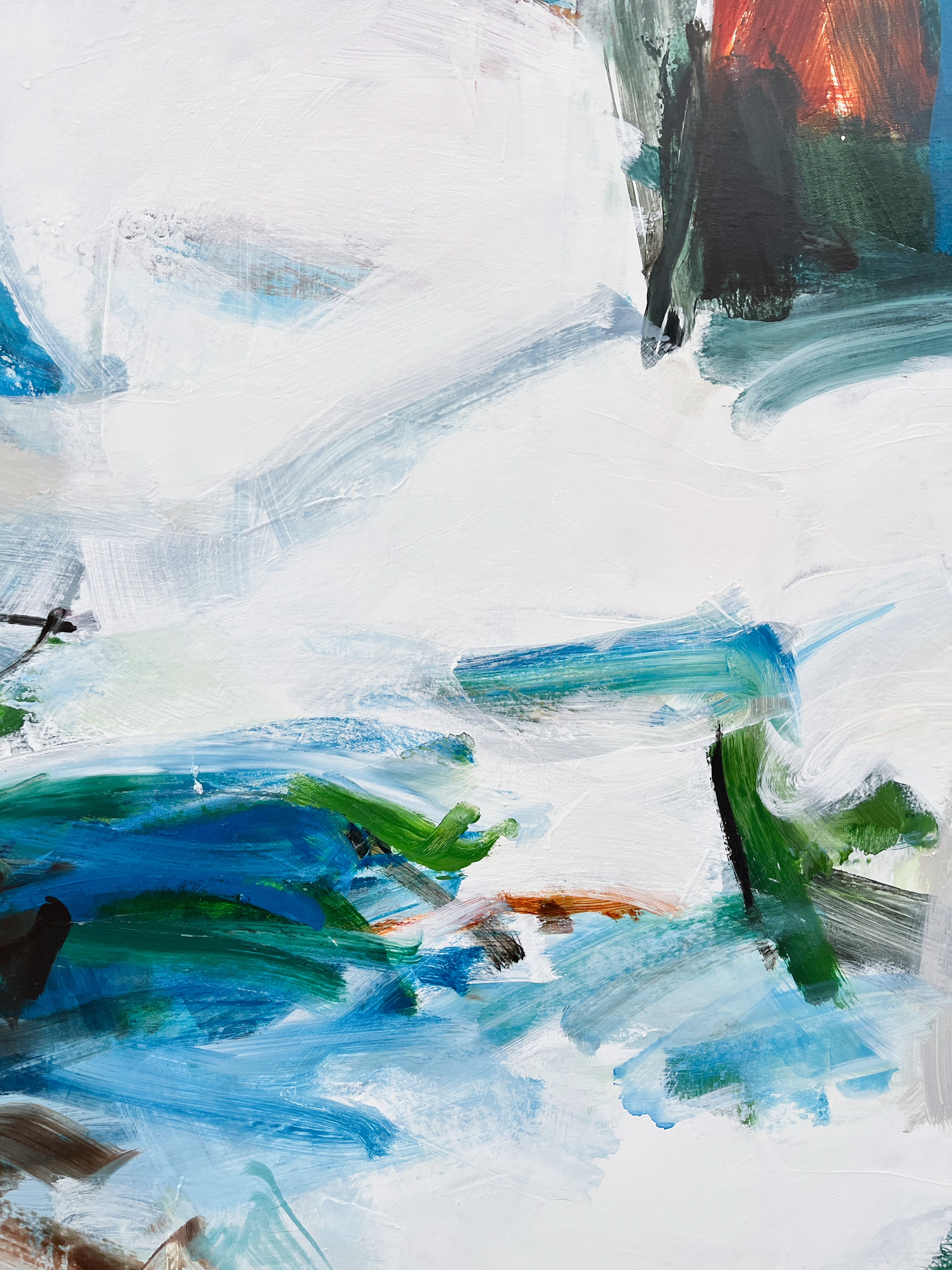 Abstract painting with expressive brushstrokes in white, blue, green, black, and a small area of orange-red near the top right.