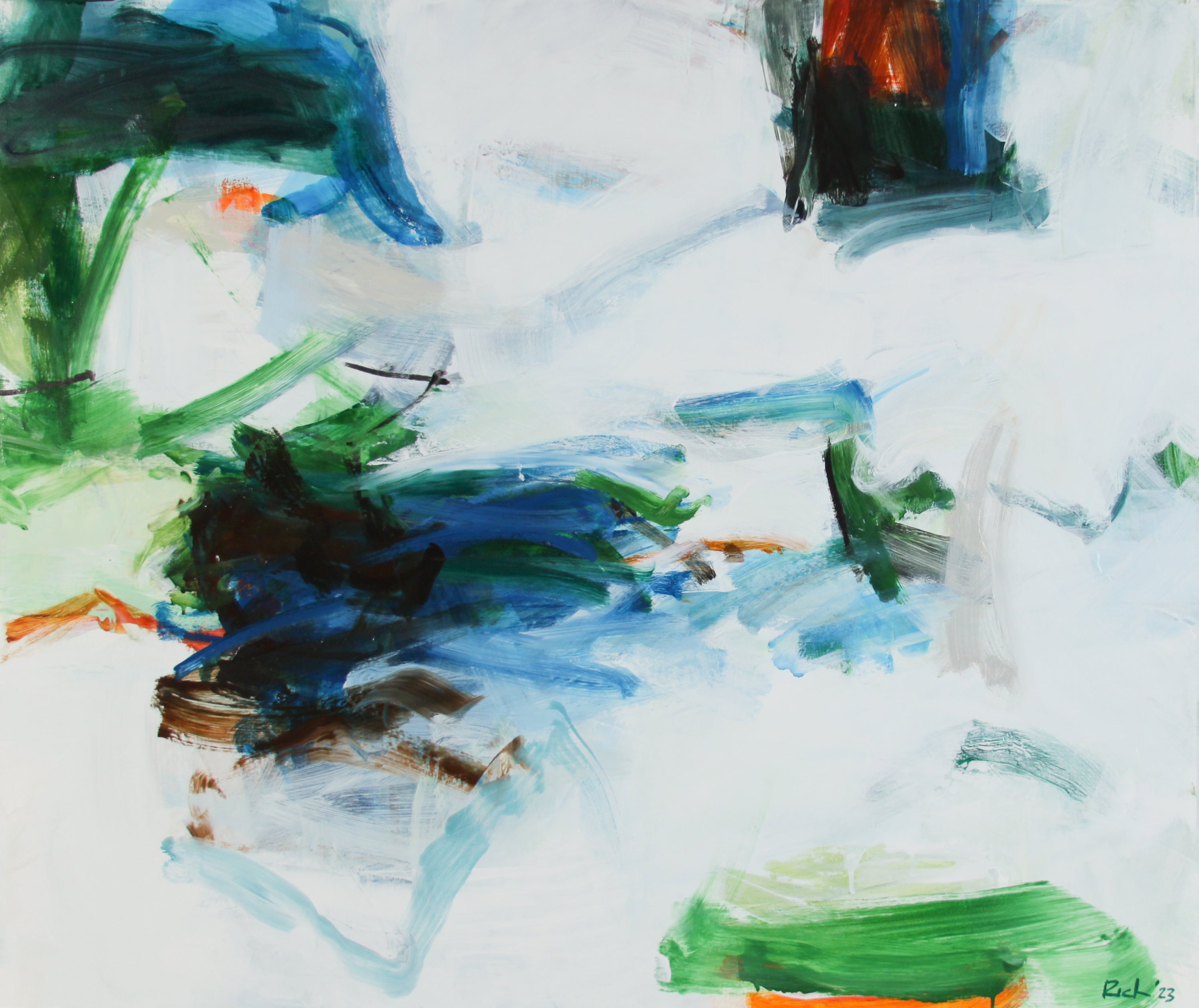 An abstract expressionist painting featuring expressive, textured brushstrokes in blue, green, black, orange, and white, with a signature in the bottom right corner.