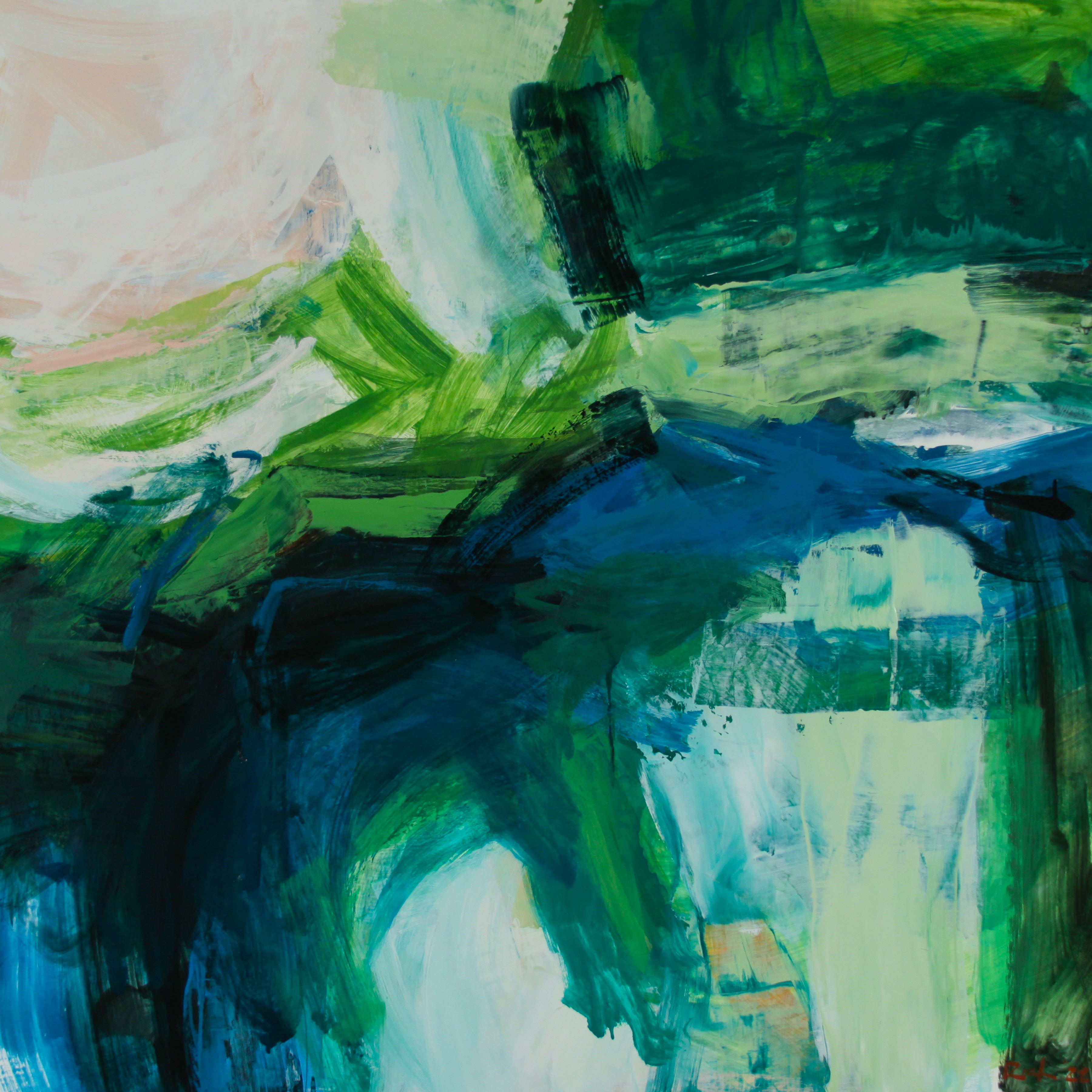 Abstract painting by Michael Rich with expressive brushstrokes in shades of green, blue, teal, white, and soft peach tones.