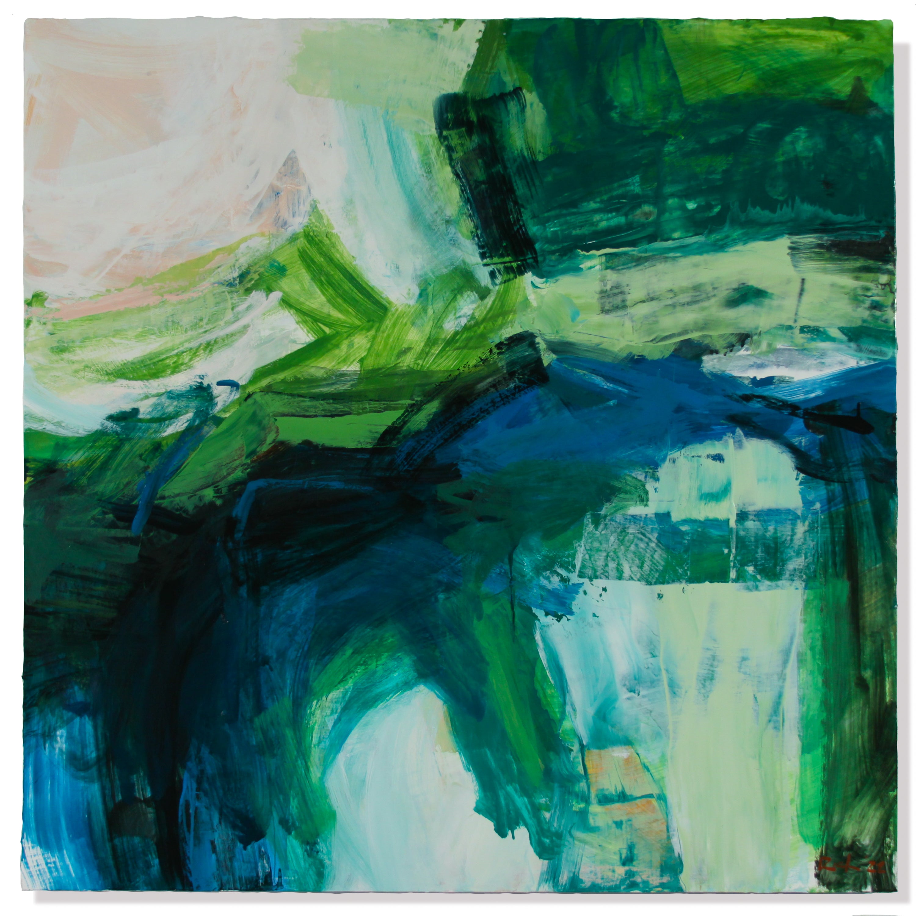 An abstract painting featuring expressive brushstrokes in shades of green, blue, teal, white, and touches of beige, filling the entire frame.