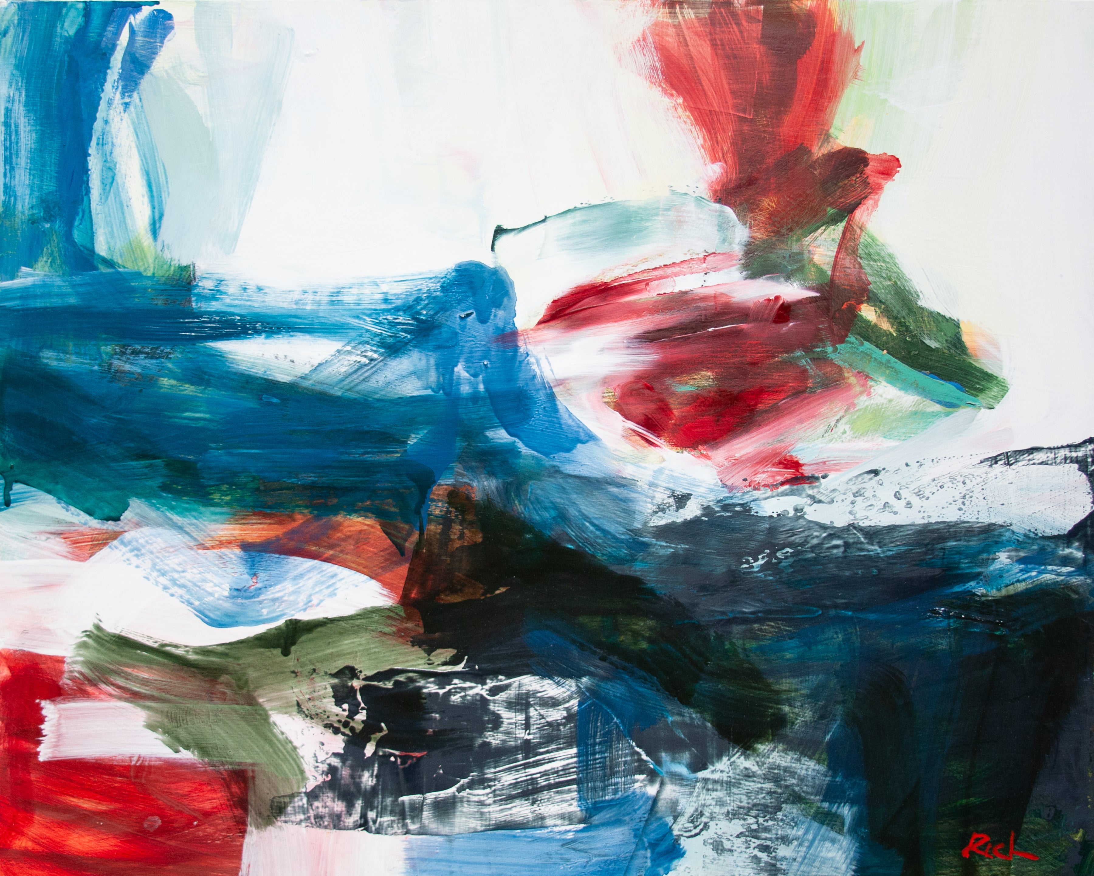 An abstract painting with expressive, layered brushstrokes in blue, red, white, black, and green on a white canvas.